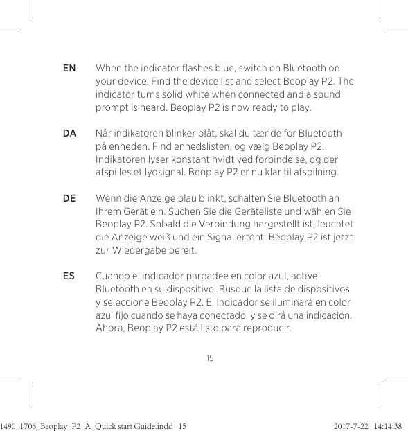 Page 15 of Bang and Olufsen a s BEOP2 Bluetooth Speaker User Manual 