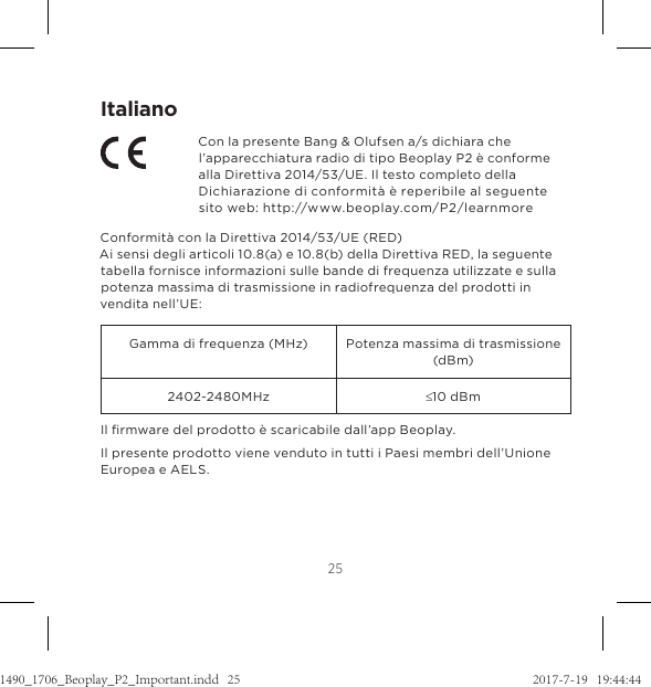 Page 44 of Bang and Olufsen a s BEOP2 Bluetooth Speaker User Manual 