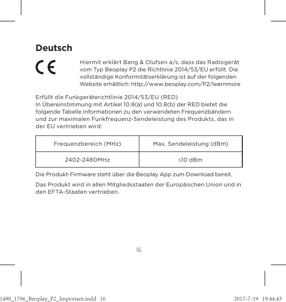 Page 53 of Bang and Olufsen a s BEOP2 Bluetooth Speaker User Manual 