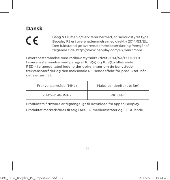 Page 56 of Bang and Olufsen a s BEOP2 Bluetooth Speaker User Manual 