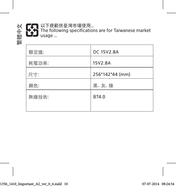 额定值: DC 15V2.8A耗電功率: 15V2.8A尺寸: 256*142*44 (mm)顏色: 黑 、灰 、綠無線技術:  BT4.0以下規範供臺灣市場使用…  The following speciﬁcations are for Taiwanese market usage…  繁體中文3511356_1410_Important_A2_ver_0_6.indd   10 07-07-2014   08:24:54