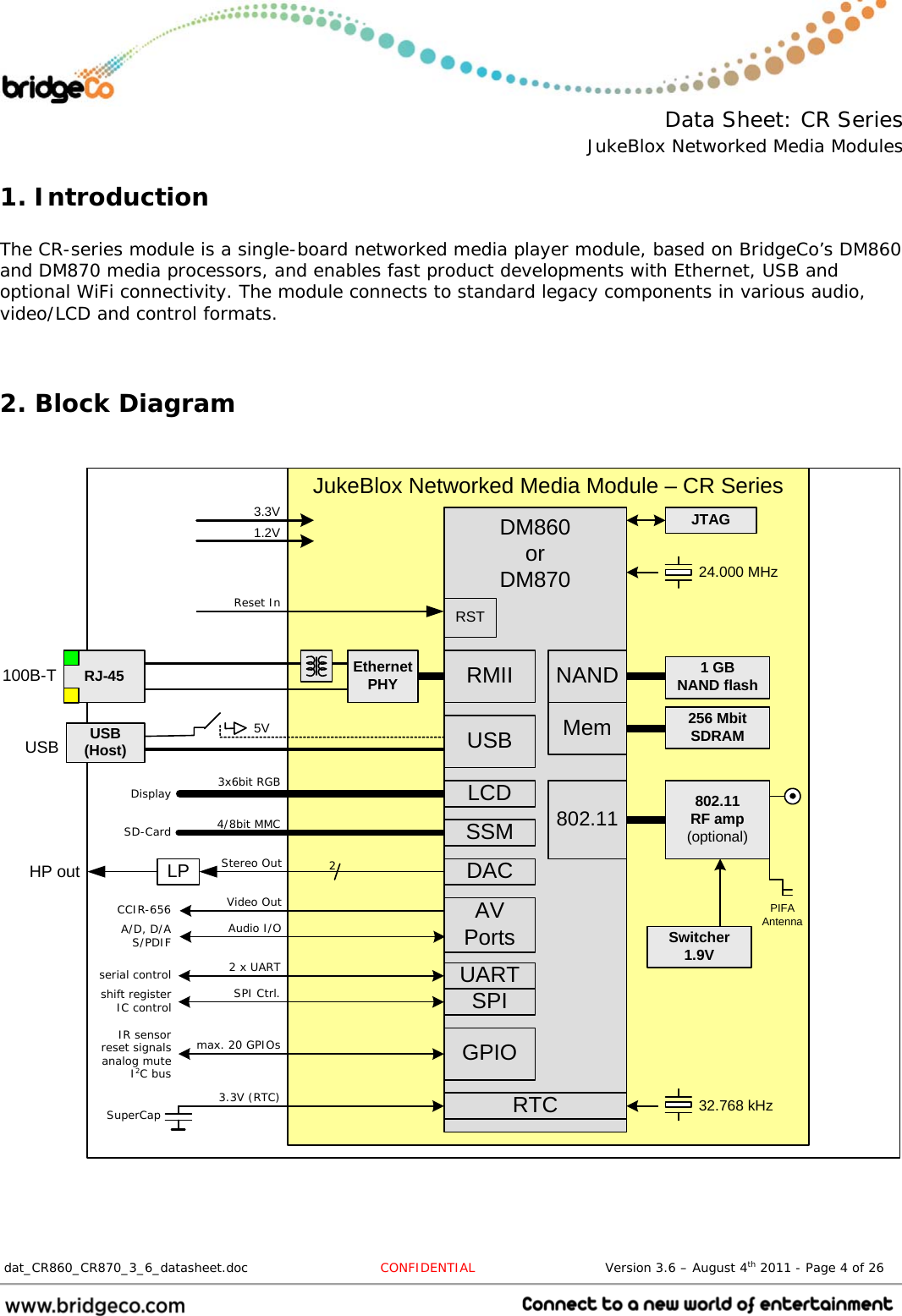  Data Sheet: CR Series JukeBlox Networked Media Modules  dat_CR860_CR870_3_6_datasheet.doc  CONFIDENTIAL                              Version 3.6 – August 4th 2011 - Page 4 of 26                                 1. Introduction  The CR-series module is a single-board networked media player module, based on BridgeCo’s DM860 and DM870 media processors, and enables fast product developments with Ethernet, USB and optional WiFi connectivity. The module connects to standard legacy components in various audio, video/LCD and control formats.   2. Block Diagram    Ethernet PHYDM860orDM870 256 MbitSDRAMJTAGRJ-45100B-TMemUSBGPIO24.000 MHzReset InNAND 1 GBNAND flash802.11RF amp(optional)802.11RMIISPIRTC 32.768 kHzUSB(Host)USBRSTUART5V3.3VJukeBlox Networked Media Module – CR Series1.2VStereo OutVideo OutAudio I/O4/8bit MMC3x6bit RGB2 x UARTSPI Ctrl.max. 20 GPIOs3.3V (RTC)SuperCapIR sensorreset signalsanalog muteI2C busshift registerIC controlserial controlA/D, D/AS/PDIFCCIR-656LP 2HP outDisplaySD-CardAV PortsLCDSSMDACPIFAAntennaSwitcher 1.9V 