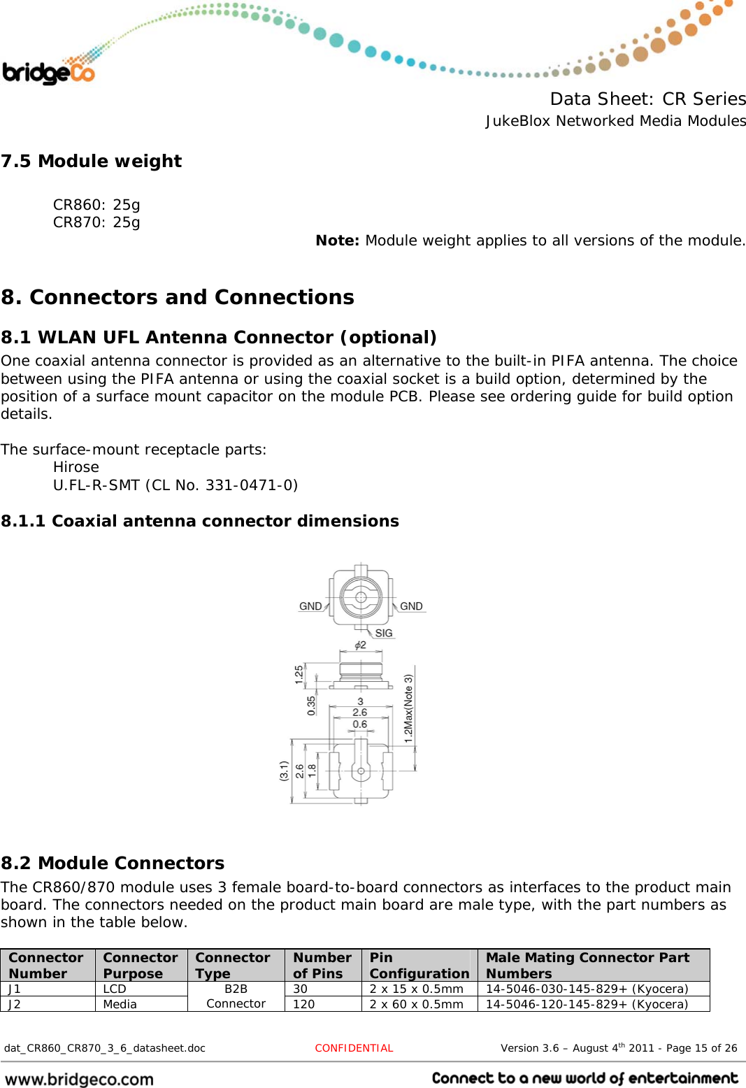  Data Sheet: CR Series JukeBlox Networked Media Modules  dat_CR860_CR870_3_6_datasheet.doc  CONFIDENTIAL                              Version 3.6 – August 4th 2011 - Page 15 of 26                                 7.5 Module weight  CR860: 25g CR870: 25g  Note: Module weight applies to all versions of the module.  8. Connectors and Connections 8.1 WLAN UFL Antenna Connector (optional) One coaxial antenna connector is provided as an alternative to the built-in PIFA antenna. The choice between using the PIFA antenna or using the coaxial socket is a build option, determined by the position of a surface mount capacitor on the module PCB. Please see ordering guide for build option details.  The surface-mount receptacle parts:  Hirose   U.FL-R-SMT (CL No. 331-0471-0) 8.1.1 Coaxial antenna connector dimensions               8.2 Module Connectors The CR860/870 module uses 3 female board-to-board connectors as interfaces to the product main board. The connectors needed on the product main board are male type, with the part numbers as shown in the table below.  Connector Number  Connector Purpose  Connector Type  Number of Pins  Pin Configuration Male Mating Connector Part Numbers J1  LCD  30  2 x 15 x 0.5mm  14-5046-030-145-829+ (Kyocera) J2 Media  B2B Connector  120  2 x 60 x 0.5mm  14-5046-120-145-829+ (Kyocera)  