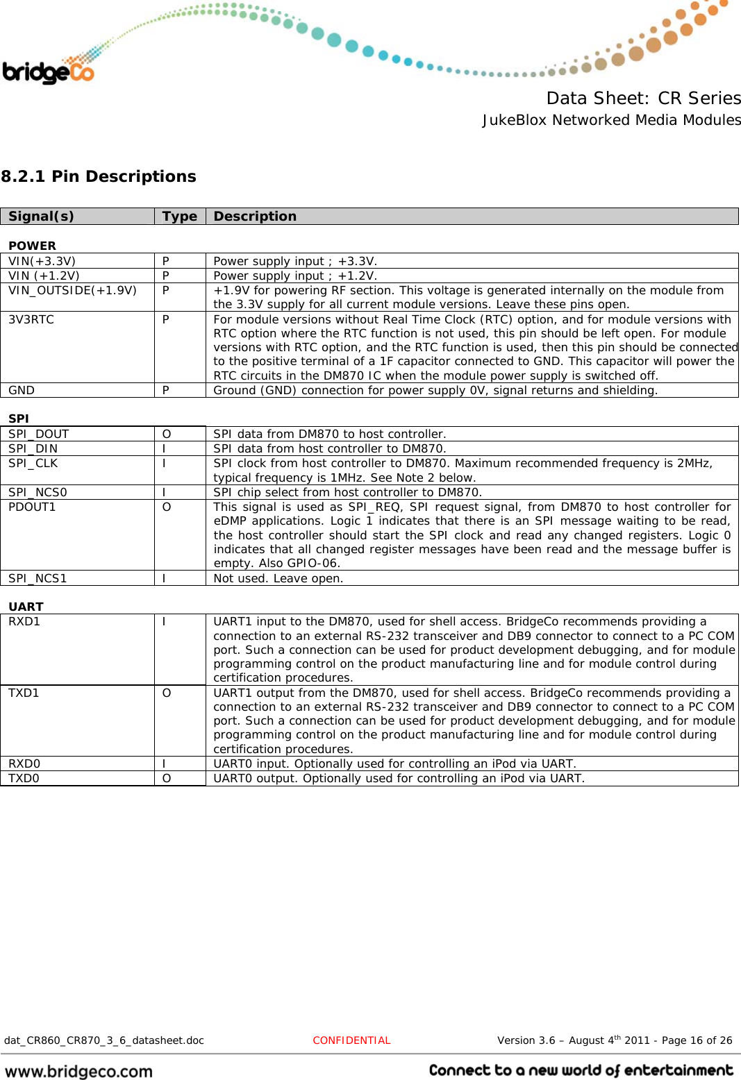  Data Sheet: CR Series JukeBlox Networked Media Modules  dat_CR860_CR870_3_6_datasheet.doc  CONFIDENTIAL                              Version 3.6 – August 4th 2011 - Page 16 of 26                                  8.2.1 Pin Descriptions  Signal(s)  Type  Description  POWER    VIN(+3.3V)  P  Power supply input ; +3.3V. VIN (+1.2V)  P  Power supply input ; +1.2V. VIN_OUTSIDE(+1.9V) P  +1.9V for powering RF section. This voltage is generated internally on the module from the 3.3V supply for all current module versions. Leave these pins open. 3V3RTC  P  For module versions without Real Time Clock (RTC) option, and for module versions with RTC option where the RTC function is not used, this pin should be left open. For module versions with RTC option, and the RTC function is used, then this pin should be connectedto the positive terminal of a 1F capacitor connected to GND. This capacitor will power the RTC circuits in the DM870 IC when the module power supply is switched off. GND P Ground (GND) connection for power supply 0V, signal returns and shielding.  SPI    SPI_DOUT  O  SPI data from DM870 to host controller. SPI_DIN  I  SPI data from host controller to DM870. SPI_CLK  I  SPI clock from host controller to DM870. Maximum recommended frequency is 2MHz, typical frequency is 1MHz. See Note 2 below. SPI_NCS0  I  SPI chip select from host controller to DM870. PDOUT1  O  This signal is used as SPI_REQ, SPI request signal, from DM870 to host controller for eDMP applications. Logic 1 indicates that there is an SPI message waiting to be read, the host controller should start the SPI clock and read any changed registers. Logic 0 indicates that all changed register messages have been read and the message buffer is empty. Also GPIO-06. SPI_NCS1  I  Not used. Leave open.  UART    RXD1  I  UART1 input to the DM870, used for shell access. BridgeCo recommends providing a connection to an external RS-232 transceiver and DB9 connector to connect to a PC COM port. Such a connection can be used for product development debugging, and for module programming control on the product manufacturing line and for module control during certification procedures. TXD1  O  UART1 output from the DM870, used for shell access. BridgeCo recommends providing a connection to an external RS-232 transceiver and DB9 connector to connect to a PC COM port. Such a connection can be used for product development debugging, and for module programming control on the product manufacturing line and for module control during certification procedures. RXD0  I  UART0 input. Optionally used for controlling an iPod via UART. TXD0  O  UART0 output. Optionally used for controlling an iPod via UART. 