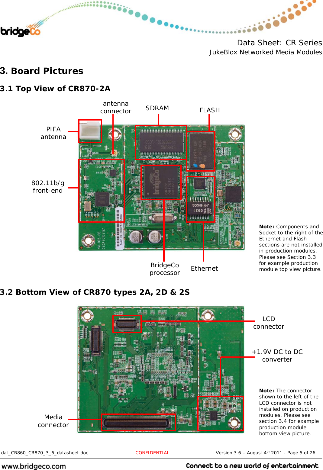  Data Sheet: CR Series JukeBlox Networked Media Modules  dat_CR860_CR870_3_6_datasheet.doc  CONFIDENTIAL                              Version 3.6 – August 4th 2011 - Page 5 of 26                                 3. Board Pictures 3.1 Top View of CR870-2A                        3.2 Bottom View of CR870 types 2A, 2D &amp; 2S                PIFA antenna 802.11b/g front-end BridgeCo processor Ethernet FLASH SDRAM antenna connector Media connector LCD connector Note: Components and Socket to the right of the Ethernet and Flash sections are not installed in production modules. Please see Section 3.3 for example production module top view picture. Note: The connector shown to the left of the LCD connector is not installed on production modules. Please see section 3.4 for example production module bottom view picture. +1.9V DC to DC converter 