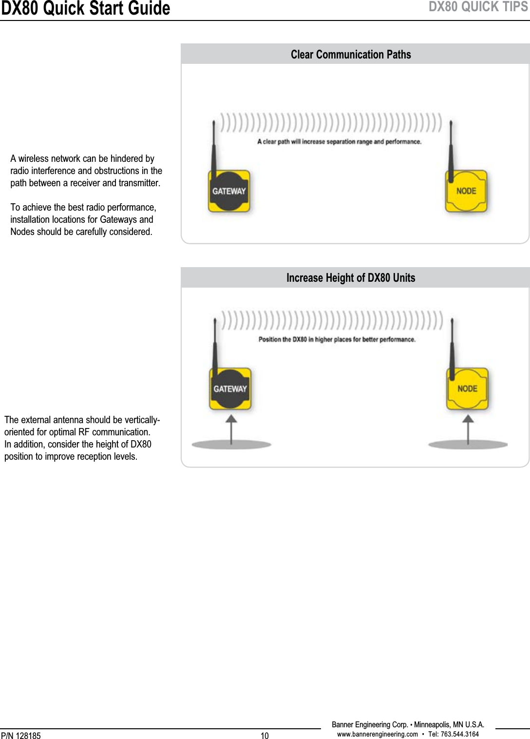 DX80 Quick Start GuideP/N 128185Banner Engineering Corp. • Minneapolis, MN U.S.A.www.bannerengineering.com  •  Tel: 763.544.316410Clear Communication PathsDX80 QUICK TIPSThe external antenna should be vertically-oriented for optimal RF communication. In addition, consider the height of DX80 position to improve reception levels.A wireless network can be hindered by radio interference and obstructions in the path between a receiver and transmitter.   To achieve the best radio performance, installation locations for Gateways and Nodes should be carefully considered.Increase Height of DX80 Units