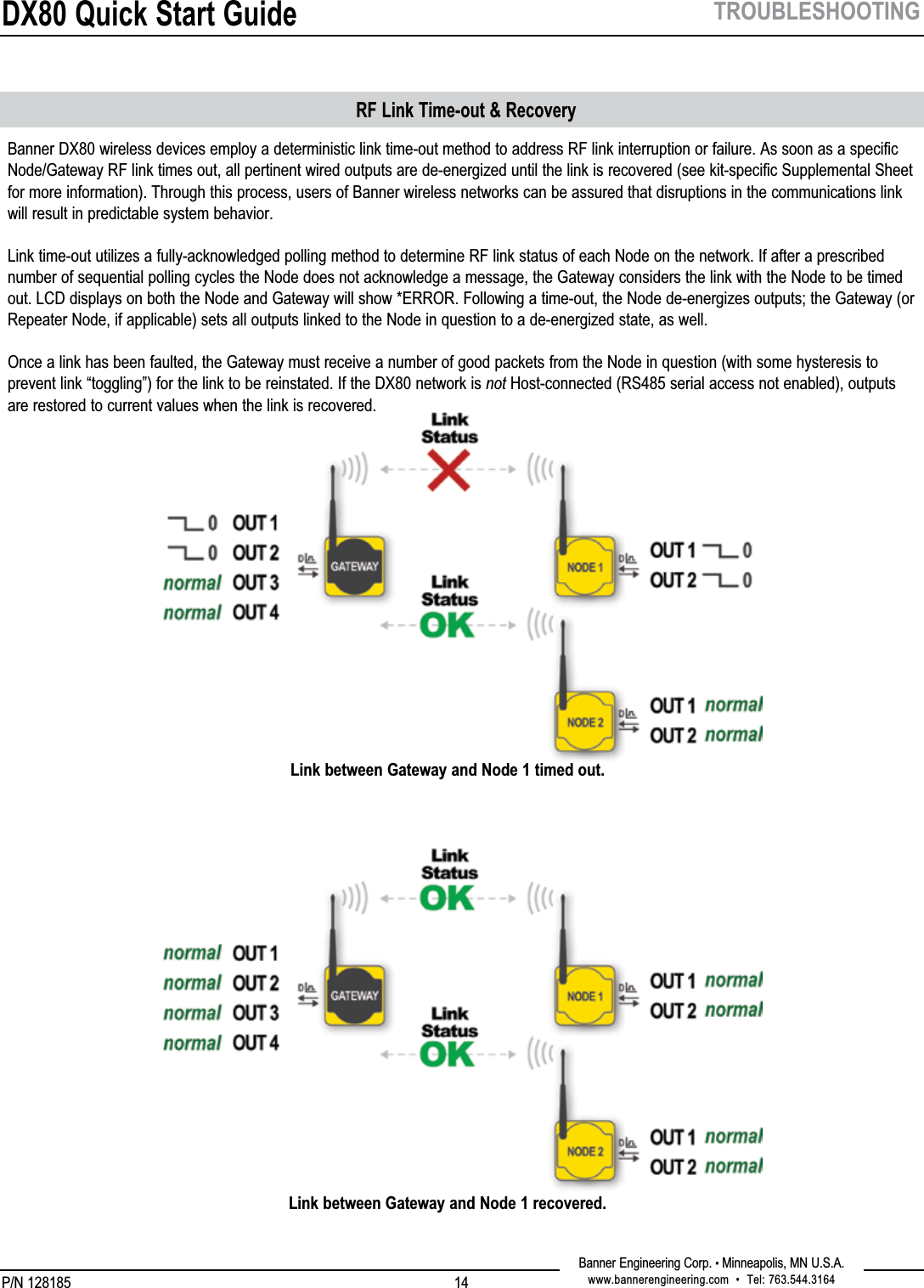 DX80 Quick Start GuideP/N 128185Banner Engineering Corp. • Minneapolis, MN U.S.A.www.bannerengineering.com  •  Tel: 763.544.316414TROUBLESHOOTINGRF Link Time-out &amp; RecoveryBanner DX80 wireless devices employ a deterministic link time-out method to address RF link interruption or failure. As soon as a specific Node/Gateway RF link times out, all pertinent wired outputs are de-energized until the link is recovered (see kit-specific Supplemental Sheet for more information). Through this process, users of Banner wireless networks can be assured that disruptions in the communications link will result in predictable system behavior.Link time-out utilizes a fully-acknowledged polling method to determine RF link status of each Node on the network. If after a prescribed number of sequential polling cycles the Node does not acknowledge a message, the Gateway considers the link with the Node to be timed out. LCD displays on both the Node and Gateway will show *ERROR. Following a time-out, the Node de-energizes outputs; the Gateway (or Repeater Node, if applicable) sets all outputs linked to the Node in question to a de-energized state, as well.Once a link has been faulted, the Gateway must receive a number of good packets from the Node in question (with some hysteresis to prevent link “toggling”) for the link to be reinstated. If the DX80 network is not Host-connected (RS485 serial access not enabled), outputs are restored to current values when the link is recovered.Link between Gateway and Node 1 timed out.Link between Gateway and Node 1 recovered.