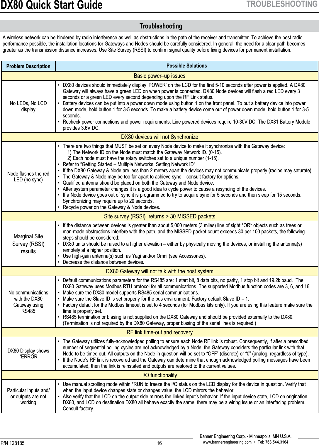 DX80 Quick Start GuideP/N 128185Banner Engineering Corp. • Minneapolis, MN U.S.A.www.bannerengineering.com  •  Tel: 763.544.316416TROUBLESHOOTINGTroubleshootingA wireless network can be hindered by radio interference as well as obstructions in the path of the receiver and transmitter. To achieve the best radio performance possible, the installation locations for Gateways and Nodes should be carefully considered. In general, the need for a clear path becomes greater as the transmission distance increases. Use Site Survey (RSSI) to confirm signal quality before fixing devices for permanent installation.Problem Description Possible SolutionsBasic power–up issuesNo LEDs, No LCD displayDX80 devices should immediately display ‘POWER’ on the LCD for the first 5-10 seconds after power is applied. A DX80 Gateway will always have a green LED on when power is connected. DX80 Node devices will flash a red LED every 3 seconds or a green LED every second depending upon the RF Link status.Battery devices can be put into a power down mode using button 1 on the front panel. To put a battery device into power down mode, hold button 1 for 3-5 seconds. To make a battery device come out of power down mode, hold button 1 for 3-5 seconds.Recheck power connections and power requirements. Line powered devices require 10-30V DC. The DX81 Battery Module provides 3.6V DC.•••DX80 devices will not SynchronizeNode flashes the red LED (no sync)There are two things that MUST be set on every Node device to make it synchronize with the Gateway device:     1) The Network ID on the Node must match the Gateway Network ID. (0-15).     2) Each node must have the rotary switches set to a unique number (1-15).Refer to “Getting Started – Multiple Networks, Setting Network ID”If the DX80 Gateway &amp; Node are less than 2 meters apart the devices may not communicate properly (radios may saturate).The Gateway &amp; Node may be too far apart to achieve sync – consult factory for options.Qualified antenna should be placed on both the Gateway and Node device.After system parameter changes it is a good idea to cycle power to cause a resyncing of the devices.If a Node device goes out of sync it is programmed to try to acquire sync for 5 seconds and then sleep for 15 seconds.  Synchronizing may require up to 20 seconds.Recycle power on the Gateway &amp; Node devices.••••••••Site survey (RSSI)  returns &gt; 30 MISSED packetsMarginal Site Survey (RSSI) resultsIf the distance between devices is greater than about 5,000 meters (3 miles) line of sight *OR* objects such as trees or man-made obstructions interfere with the path, and the MISSED packet count exceeds 30 per 100 packets, the following steps should be considered:DX80 units should be raised to a higher elevation – either by physically moving the devices, or installing the antenna(s) remotely at a higher position.Use high-gain antenna(s) such as Yagi and/or Omni (see Accessories).Decrease the distance between devices.••••DX80 Gateway will not talk with the host systemNo communications with the DX80 Gateway using RS485Default communications parameters for the RS485 are: 1 start bit, 8 data bits, no parity, 1 stop bit and 19.2k baud.  The DX80 Gateway uses Modbus RTU protocol for all communications. The supported Modbus function codes are 3, 6, and 16.Make sure the DX80 model supports RS485 serial communications.Make sure the Slave ID is set properly for the bus environment. Factory default Slave ID = 1.Factory default for the Modbus timeout is set to 4 seconds (for Modbus kits only). If you are using this feature make sure the time is properly set.RS485 termination or biasing is not supplied on the DX80 Gateway and should be provided externally to the DX80. (Termination is not required by the DX80 Gateway, proper biasing of the serial lines is required.)•••••RF link time-out and recoveryDX80 Display shows *ERRORThe Gateway utilizes fully-acknowledged polling to ensure each Node RF link is robust. Consequently, if after a prescribed number of sequential polling cycles are not acknowledged by a Node, the Gateway considers the particular link with that Node to be timed out. All outputs on the Node in question will be set to “OFF” (discrete) or “0” (analog, regardless of type).If the Node’s RF link is recovered and the Gateway can determine that enough acknowledged polling messages have been accumulated, then the link is reinstated and outputs are restored to the current values.••I/O functionalityParticular inputs and/or outputs are not workingUse manual scrolling mode within *RUN to freeze the I/O status on the LCD display for the device in question. Verify that when the input device changes state or changes value, the LCD mirrors the behavior.Also verify that the LCD on the output side mirrors the linked input’s behavior. If the input device state, LCD on origination DX80, and LCD on destination DX80 all behave exactly the same, there may be a wiring issue or an interfacing problem. Consult factory.••