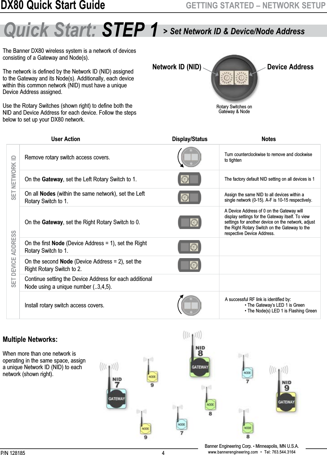 DX80 Quick Start GuideP/N 128185Banner Engineering Corp. • Minneapolis, MN U.S.A.www.bannerengineering.com  •  Tel: 763.544.31644GETTING STARTED – NETWORK SETUPThe Banner DX80 wireless system is a network of devices consisting of a Gateway and Node(s).  The network is defined by the Network ID (NID) assigned to the Gateway and its Node(s). Additionally, each device within this common network (NID) must have a unique Device Address assigned.  Use the Rotary Switches (shown right) to define both the NID and Device Address for each device. Follow the steps below to set up your DX80 network.Quick Start: STEP 1 &gt; Set Network ID &amp; Device/Node AddressRemove rotary switch access covers. Turn counterclockwise to remove and clockwise to tightenOn the Gateway, set the Left Rotary Switch to 1. The factory default NID setting on all devices is 1On all Nodes (within the same network), set the Left Rotary Switch to 1.  Assign the same NID to all devices within a single network (0-15). A-F is 10-15 respectively.On the Gateway, set the Right Rotary Switch to 0.A Device Address of 0 on the Gateway will display settings for the Gateway itself. To view settings for another device on the network, adjust the Right Rotary Switch on the Gateway to the respective Device Address.On the first Node (Device Address = 1), set the Right Rotary Switch to 1.On the second Node (Device Address = 2), set the Right Rotary Switch to 2.Continue setting the Device Address for each additional Node using a unique number (..3,4,5).Install rotary switch access covers.SET NETWORK IDSET DEVICE ADDRESSUser Action Display/Status NotesNetwork ID (NID) Device AddressRotary Switches on Gateway &amp; NodeA successful RF link is identified by:  • The Gateway’s LED 1 is Green   • The Node(s) LED 1 is Flashing GreenMultiple Networks:When more than one network is operating in the same space, assign a unique Network ID (NID) to each network (shown right).