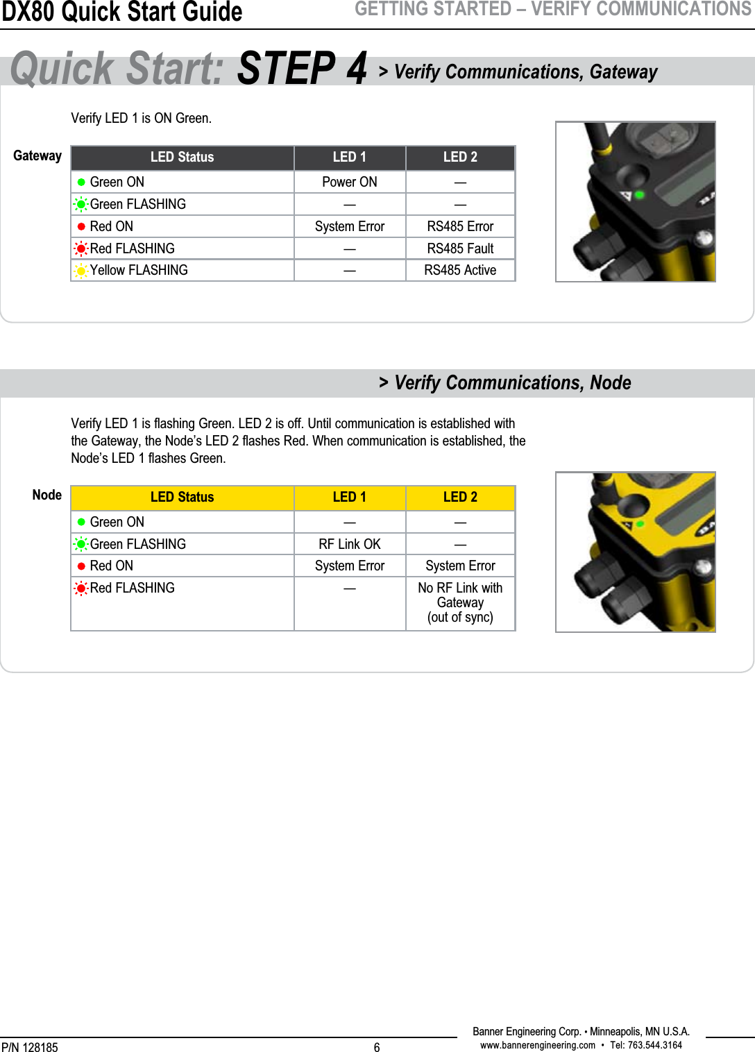 DX80 Quick Start GuideP/N 128185Banner Engineering Corp. • Minneapolis, MN U.S.A.www.bannerengineering.com  •  Tel: 763.544.31646GETTING STARTED – VERIFY COMMUNICATIONSVerify LED 1 is ON Green.Verify LED 1 is flashing Green. LED 2 is off. Until communication is established with the Gateway, the Node’s LED 2 flashes Red. When communication is established, the Node’s LED 1 flashes Green.LED Status LED 1 LED 2  Green ON Power ON —  Green FLASHING — —  Red ON System Error RS485 Error  Red FLASHING — RS485 Fault  Yellow FLASHING — RS485 ActiveGatewayLED Status LED 1 LED 2  Green ON — —  Green FLASHING RF Link OK —  Red ON System Error System Error  Red FLASHING — No RF Link with Gateway (out of sync)NodeQuick Start: STEP 4 &gt; Verify Communications, Gateway &gt; Verify Communications, Node