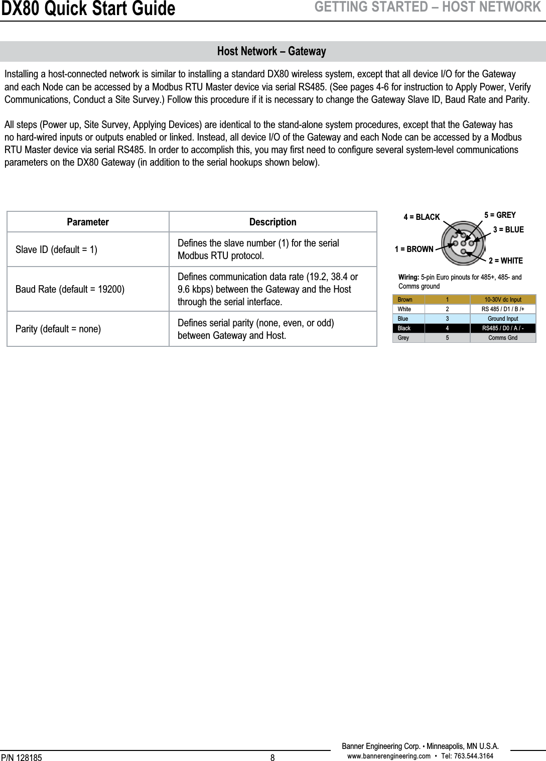 DX80 Quick Start GuideP/N 128185Banner Engineering Corp. • Minneapolis, MN U.S.A.www.bannerengineering.com  •  Tel: 763.544.31648GETTING STARTED – HOST NETWORKHost Network – GatewayInstalling a host-connected network is similar to installing a standard DX80 wireless system, except that all device I/O for the Gateway and each Node can be accessed by a Modbus RTU Master device via serial RS485. (See pages 4-6 for instruction to Apply Power, Verify Communications, Conduct a Site Survey.) Follow this procedure if it is necessary to change the Gateway Slave ID, Baud Rate and Parity.All steps (Power up, Site Survey, Applying Devices) are identical to the stand-alone system procedures, except that the Gateway has no hard-wired inputs or outputs enabled or linked. Instead, all device I/O of the Gateway and each Node can be accessed by a Modbus RTU Master device via serial RS485. In order to accomplish this, you may first need to configure several system-level communications parameters on the DX80 Gateway (in addition to the serial hookups shown below).1 = BROWN2 = WHITE3 = BLUE4 = BLACK 5 = GREYBrown 1 10-30V dc InputWhite 2 RS 485 / D1 / B /+Blue 3 Ground InputBlack 4 RS485 / D0 / A / -Grey 5 Comms GndWiring: 5-pin Euro pinouts for 485+, 485- and Comms groundParameter DescriptionSlave ID (default = 1) Defines the slave number (1) for the serial Modbus RTU protocol.Baud Rate (default = 19200)Defines communication data rate (19.2, 38.4 or 9.6 kbps) between the Gateway and the Host through the serial interface.Parity (default = none) Defines serial parity (none, even, or odd) between Gateway and Host.