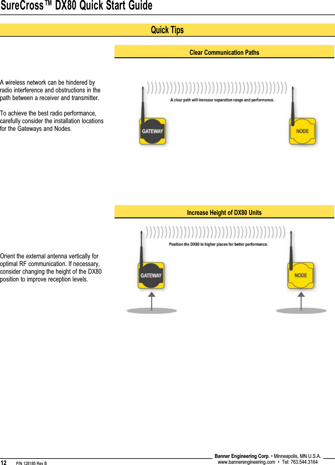 SureCross™ DX80 Quick Start Guide12   P/N 128185 Rev B Banner Engineering Corp. • Minneapolis, MN U.S.A.www.bannerengineering.com  •  Tel: 763.544.3164Clear Communication PathsOrient the external antenna vertically for optimal RF communication. If necessary, consider changing the height of the DX80 position to improve reception levels.A wireless network can be hindered by radio interference and obstructions in the path between a receiver and transmitter.   To achieve the best radio performance, carefully consider the installation locations for the Gateways and Nodes.Increase Height of DX80 UnitsQuick Tips