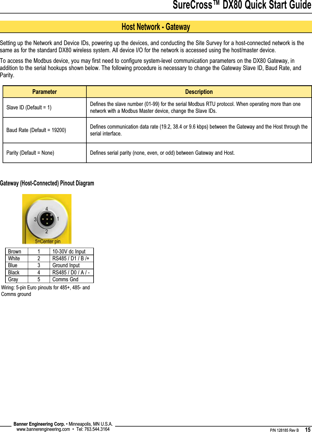 SureCross™ DX80 Quick Start Guide    P/N 128185 Rev B      15 Banner Engineering Corp. • Minneapolis, MN U.S.A.www.bannerengineering.com  •  Tel: 763.544.3164Setting up the Network and Device IDs, powering up the devices, and conducting the Site Survey for a host-connected network is the same as for the standard DX80 wireless system. All device I/O for the network is accessed using the host/master device. To access the Modbus device, you may first need to configure system-level communication parameters on the DX80 Gateway, in addition to the serial hookups shown below. The following procedure is necessary to change the Gateway Slave ID, Baud Rate, and Parity.Parameter DescriptionSlave ID (Default = 1) Defines the slave number (01-99) for the serial Modbus RTU protocol. When operating more than one network with a Modbus Master device, change the Slave IDs.Baud Rate (Default = 19200) Defines communication data rate (19.2, 38.4 or 9.6 kbps) between the Gateway and the Host through the serial interface.Parity (Default = None) Defines serial parity (none, even, or odd) between Gateway and Host.Host Network - GatewayBrown 1 10-30V dc InputWhite 2 RS485 / D1 / B /+Blue 3 Ground InputBlack 4 RS485 / D0 / A / -Gray 5 Comms GndWiring: 5-pin Euro pinouts for 485+, 485- and Comms groundGateway (Host-Connected) Pinout Diagram