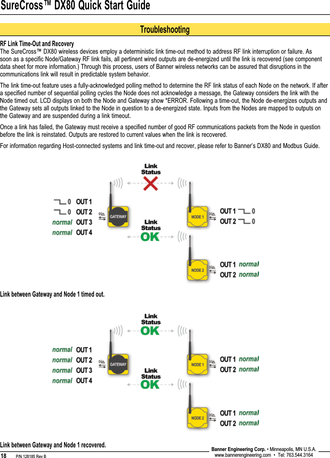 SureCross™ DX80 Quick Start Guide18   P/N 128185 Rev B Banner Engineering Corp. • Minneapolis, MN U.S.A.www.bannerengineering.com  •  Tel: 763.544.3164RF Link Time-Out and RecoveryThe SureCross™ DX80 wireless devices employ a deterministic link time-out method to address RF link interruption or failure. As soon as a specific Node/Gateway RF link fails, all pertinent wired outputs are de-energized until the link is recovered (see component data sheet for more information.) Through this process, users of Banner wireless networks can be assured that disruptions in the communications link will result in predictable system behavior.The link time-out feature uses a fully-acknowledged polling method to determine the RF link status of each Node on the network. If after a specified number of sequential polling cycles the Node does not acknowledge a message, the Gateway considers the link with the Node timed out. LCD displays on both the Node and Gateway show *ERROR. Following a time-out, the Node de-energizes outputs and the Gateway sets all outputs linked to the Node in question to a de-energized state. Inputs from the Nodes are mapped to outputs on the Gateway and are suspended during a link timeout.Once a link has failed, the Gateway must receive a specified number of good RF communications packets from the Node in question before the link is reinstated. Outputs are restored to current values when the link is recovered.For information regarding Host-connected systems and link time-out and recover, please refer to Banner’s DX80 and Modbus Guide.Link between Gateway and Node 1 timed out.Link between Gateway and Node 1 recovered.Troubleshooting