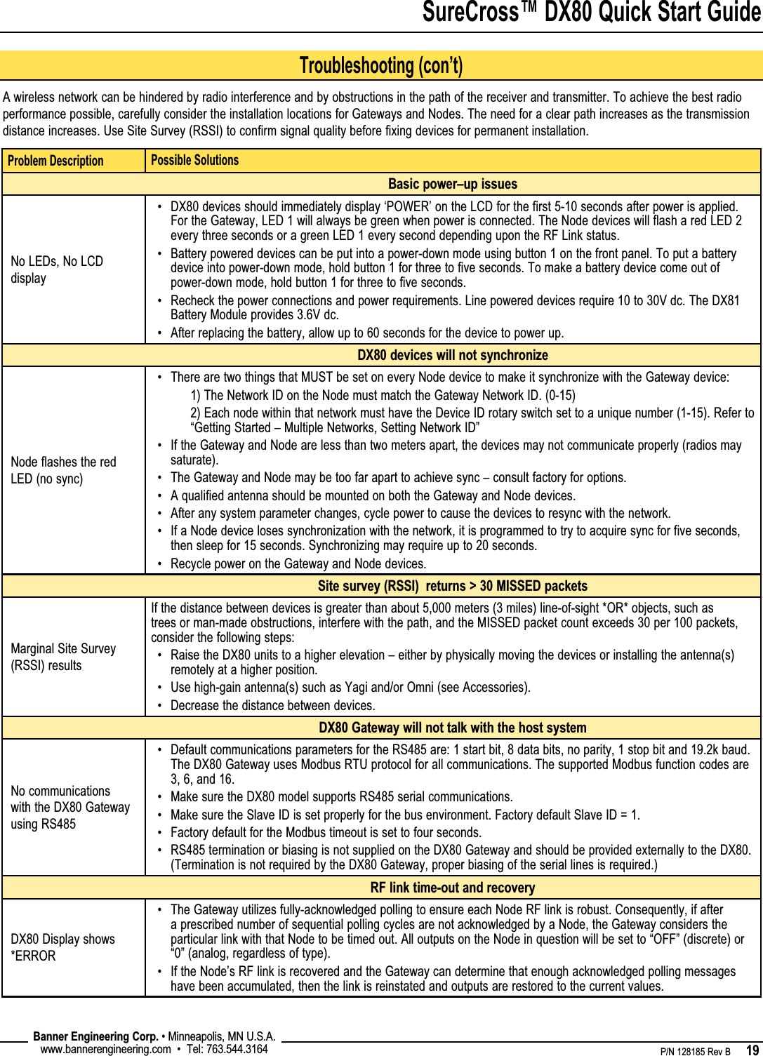 SureCross™ DX80 Quick Start Guide    P/N 128185 Rev B      19 Banner Engineering Corp. • Minneapolis, MN U.S.A.www.bannerengineering.com  •  Tel: 763.544.3164A wireless network can be hindered by radio interference and by obstructions in the path of the receiver and transmitter. To achieve the best radio performance possible, carefully consider the installation locations for Gateways and Nodes. The need for a clear path increases as the transmission distance increases. Use Site Survey (RSSI) to confirm signal quality before fixing devices for permanent installation.Problem Description Possible SolutionsBasic power–up issuesNo LEDs, No LCD displayDX80 devices should immediately display ‘POWER’ on the LCD for the first 5-10 seconds after power is applied. For the Gateway, LED 1 will always be green when power is connected. The Node devices will flash a red LED 2 every three seconds or a green LED 1 every second depending upon the RF Link status.Battery powered devices can be put into a power-down mode using button 1 on the front panel. To put a battery device into power-down mode, hold button 1 for three to five seconds. To make a battery device come out of power-down mode, hold button 1 for three to five seconds.Recheck the power connections and power requirements. Line powered devices require 10 to 30V dc. The DX81 Battery Module provides 3.6V dc. After replacing the battery, allow up to 60 seconds for the device to power up.••••DX80 devices will not synchronizeNode flashes the red LED (no sync)There are two things that MUST be set on every Node device to make it synchronize with the Gateway device:1) The Network ID on the Node must match the Gateway Network ID. (0-15)2) Each node within that network must have the Device ID rotary switch set to a unique number (1-15). Refer to “Getting Started – Multiple Networks, Setting Network ID”If the Gateway and Node are less than two meters apart, the devices may not communicate properly (radios may saturate).The Gateway and Node may be too far apart to achieve sync – consult factory for options.A qualified antenna should be mounted on both the Gateway and Node devices.After any system parameter changes, cycle power to cause the devices to resync with the network.If a Node device loses synchronization with the network, it is programmed to try to acquire sync for five seconds, then sleep for 15 seconds. Synchronizing may require up to 20 seconds.Recycle power on the Gateway and Node devices.•••••••Site survey (RSSI)  returns &gt; 30 MISSED packetsMarginal Site Survey (RSSI) resultsIf the distance between devices is greater than about 5,000 meters (3 miles) line-of-sight *OR* objects, such as trees or man-made obstructions, interfere with the path, and the MISSED packet count exceeds 30 per 100 packets, consider the following steps:Raise the DX80 units to a higher elevation – either by physically moving the devices or installing the antenna(s) remotely at a higher position.Use high-gain antenna(s) such as Yagi and/or Omni (see Accessories).Decrease the distance between devices.•••DX80 Gateway will not talk with the host systemNo communications with the DX80 Gateway using RS485Default communications parameters for the RS485 are: 1 start bit, 8 data bits, no parity, 1 stop bit and 19.2k baud.  The DX80 Gateway uses Modbus RTU protocol for all communications. The supported Modbus function codes are 3, 6, and 16.Make sure the DX80 model supports RS485 serial communications.Make sure the Slave ID is set properly for the bus environment. Factory default Slave ID = 1.Factory default for the Modbus timeout is set to four seconds. RS485 termination or biasing is not supplied on the DX80 Gateway and should be provided externally to the DX80. (Termination is not required by the DX80 Gateway, proper biasing of the serial lines is required.)•••••RF link time-out and recoveryDX80 Display shows *ERRORThe Gateway utilizes fully-acknowledged polling to ensure each Node RF link is robust. Consequently, if after a prescribed number of sequential polling cycles are not acknowledged by a Node, the Gateway considers the particular link with that Node to be timed out. All outputs on the Node in question will be set to “OFF” (discrete) or “0” (analog, regardless of type).If the Node’s RF link is recovered and the Gateway can determine that enough acknowledged polling messages have been accumulated, then the link is reinstated and outputs are restored to the current values.••Troubleshooting (con’t)