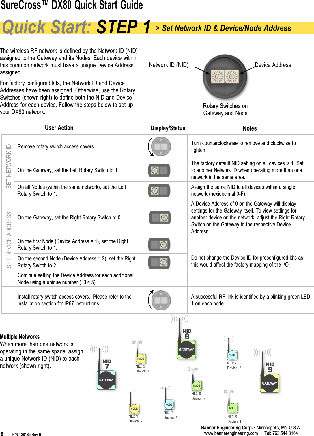 SureCross™ DX80 Quick Start Guide6   P/N 128185 Rev B Banner Engineering Corp. • Minneapolis, MN U.S.A.www.bannerengineering.com  •  Tel: 763.544.3164Quick Start: STEP 1 &gt; Set Network ID &amp; Device/Node AddressThe wireless RF network is defined by the Network ID (NID) assigned to the Gateway and its Nodes. Each device within this common network must have a unique Device Address assigned.For factory configured kits, the Network ID and Device Addresses have been assigned. Otherwise, use the Rotary Switches (shown right) to define both the NID and Device Address for each device. Follow the steps below to set up your DX80 network.Remove rotary switch access covers. Turn counterclockwise to remove and clockwise to tightenOn the Gateway, set the Left Rotary Switch to 1.The factory default NID setting on all devices is 1. Set to another Network ID when operating more than one network in the same area.On all Nodes (within the same network), set the Left Rotary Switch to 1.  Assign the same NID to all devices within a single network (hexidecimal 0-F). On the Gateway, set the Right Rotary Switch to 0.A Device Address of 0 on the Gateway will display settings for the Gateway itself. To view settings for another device on the network, adjust the Right Rotary Switch on the Gateway to the respective Device Address.On the first Node (Device Address = 1), set the Right Rotary Switch to 1.Do not change the Device ID for preconfigured kits as this would affect the factory mapping of the I/O. On the second Node (Device Address = 2), set the Right Rotary Switch to 2.Continue setting the Device Address for each additional Node using a unique number (..3,4,5).Install rotary switch access covers.  Please refer to the installation section for IP67 instructions.A successful RF link is identified by a blinking green LED 1 on each node.SET NETWORK IDSET DEVICE ADDRESSUser Action Display/Status NotesNetwork ID (NID) Device AddressRotary Switches on Gateway and NodeMultiple NetworksWhen more than one network is operating in the same space, assign a unique Network ID (NID) to each network (shown right).NODEGATEWAYGATEWAYGATEWAYNODENODENODE NODENODE7NID8NID9NIDNID: 9Device: 1NID: 7Device: 2NID: 8Device: 2NID: 8Device: 1NID: 7Device: 1NID: 9Device: 2