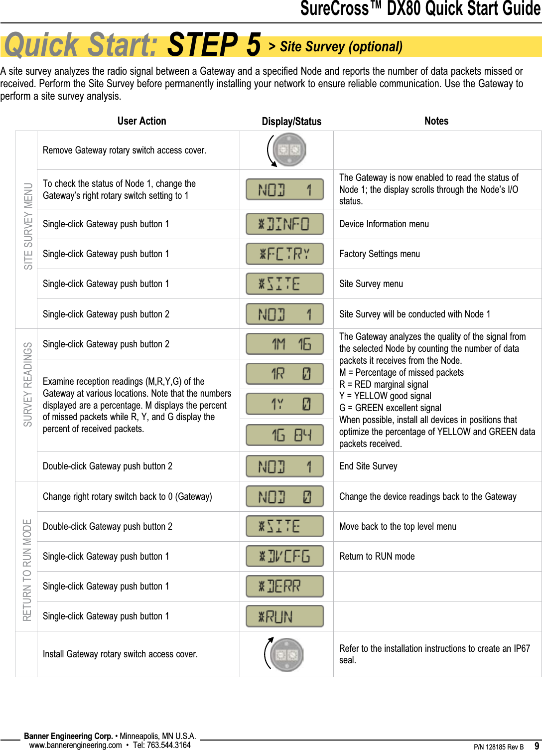 SureCross™ DX80 Quick Start Guide    P/N 128185 Rev B      9 Banner Engineering Corp. • Minneapolis, MN U.S.A.www.bannerengineering.com  •  Tel: 763.544.3164Quick Start: STEP 5 &gt; Site Survey (optional)Remove Gateway rotary switch access cover.To check the status of Node 1, change the Gateway’s right rotary switch setting to 1The Gateway is now enabled to read the status of Node 1; the display scrolls through the Node’s I/O status.Single-click Gateway push button 1   Device Information menuSingle-click Gateway push button 1 Factory Settings menuSingle-click Gateway push button 1 Site Survey menuSingle-click Gateway push button 2 Site Survey will be conducted with Node 1Single-click Gateway push button 2 The Gateway analyzes the quality of the signal from the selected Node by counting the number of data packets it receives from the Node. M = Percentage of missed packets R = RED marginal signal Y = YELLOW good signal G = GREEN excellent signal When possible, install all devices in positions that optimize the percentage of YELLOW and GREEN data packets received. Examine reception readings (M,R,Y,G) of the Gateway at various locations. Note that the numbers displayed are a percentage. M displays the percent of missed packets while R, Y, and G display the percent of received packets.Double-click Gateway push button 2 End Site SurveyChange right rotary switch back to 0 (Gateway) Change the device readings back to the GatewayDouble-click Gateway push button 2 Move back to the top level menuSingle-click Gateway push button 1 Return to RUN modeSingle-click Gateway push button 1Single-click Gateway push button 1Install Gateway rotary switch access cover. Refer to the installation instructions to create an IP67 seal.A site survey analyzes the radio signal between a Gateway and a specified Node and reports the number of data packets missed or received. Perform the Site Survey before permanently installing your network to ensure reliable communication. Use the Gateway to perform a site survey analysis.SITE SURVEY MENUSURVEY READINGSRETURN TO RUN MODEUser Action Display/Status Notes