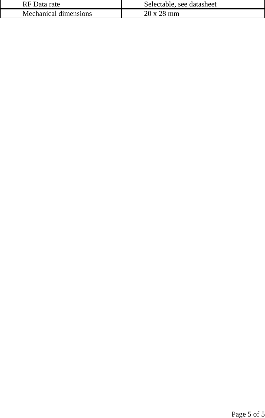 Page 5 of 5 RF Data rate  Selectable, see datasheet Mechanical dimensions  20 x 28 mm  