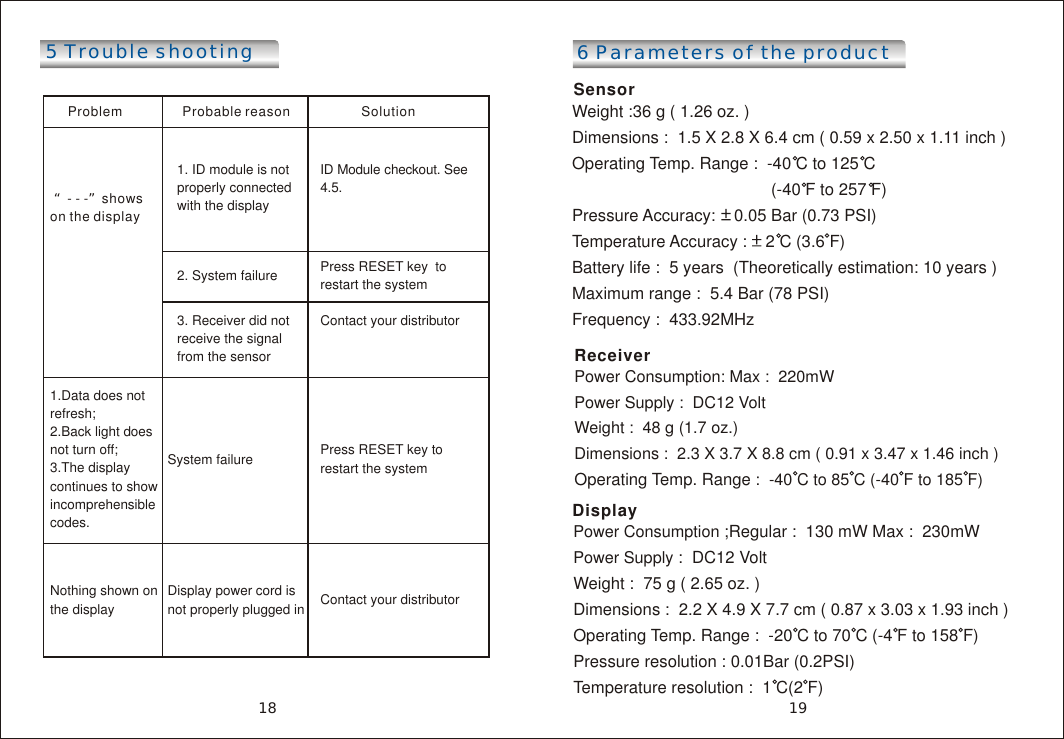 5 Trouble shootingProblem                Probable reason                   Solution &ldquo;- - -&rdquo;shows on the display1. ID module is not properly connected with the displayID Module checkout. See 4.5. 2. System failure Press RESET key  to restart the system3. Receiver did not receive the signal from the sensorContact your distributor1.Data does not refresh;2.Back light does not turn off;3.The display continues to show incomprehensible codes.System failure  Press RESET key to restart the system Nothing shown on the displayDisplay power cord is not properly plugged in Contact your distributor 6 Parameters of the productSensor Weight :36 g ( 1.26 oz. ) Dimensions :  1.5 X 2.8 X 6.4 cm ( 0.59 x 2.50 x 1.11 inch ) Operating Temp. Range :  -40 C to 125 C                                            (-40 F to 257 F)Pressure Accuracy:    0.05 Bar (0.73 PSI)Temperature Accuracy :    2 C (3.6 F)Battery life :  5 years  (Theoretically estimation: 10 years ) Maximum range :  5.4 Bar (78 PSI) Frequency :  433.92MHzReceiverPower Consumption: Max :  220mWPower Supply :  DC12 VoltWeight :  48 g (1.7 oz.) Dimensions :  2.3 X 3.7 X 8.8 cm ( 0.91 x 3.47 x 1.46 inch ) Operating Temp. Range :  -40 C to 85 C (-40 F to 185 F)Display Power Consumption ;Regular :  130 mW Max :  230mWPower Supply :  DC12 VoltWeight :  75 g ( 2.65 oz. ) Dimensions :  2.2 X 4.9 X 7.7 cm ( 0.87 x 3.03 x 1.93 inch ) Operating Temp. Range :  -20 C to 70 C (-4 F to 158 F) Pressure resolution : 0.01Bar (0.2PSI)Temperature resolution :  1 C(2 F) 1918