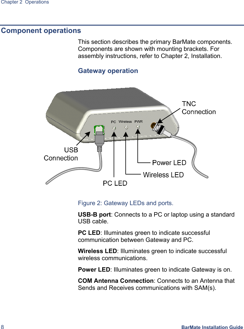 Chapter 2  Operations 8 BarMate Installation Guide  Component operations This section describes the primary BarMate components. Components are shown with mounting brackets. For assembly instructions, refer to Chapter 2, Installation. Gateway operation          Figure 2: Gateway LEDs and ports. USB-B port: Connects to a PC or laptop using a standard USB cable. PC LED: Illuminates green to indicate successful communication between Gateway and PC.  Wireless LED: Illuminates green to indicate successful wireless communications. Power LED: Illuminates green to indicate Gateway is on.  COM Antenna Connection: Connects to an Antenna that Sends and Receives communications with SAM(s). 