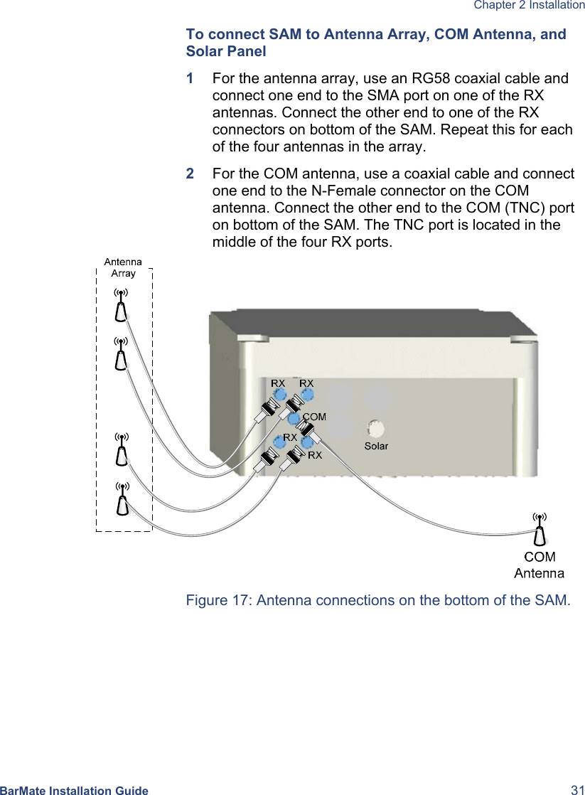  Chapter 2 Installation  BarMate Installation Guide  31 To connect SAM to Antenna Array, COM Antenna, and Solar Panel 1  For the antenna array, use an RG58 coaxial cable and connect one end to the SMA port on one of the RX antennas. Connect the other end to one of the RX connectors on bottom of the SAM. Repeat this for each of the four antennas in the array. 2  For the COM antenna, use a coaxial cable and connect one end to the N-Female connector on the COM antenna. Connect the other end to the COM (TNC) port on bottom of the SAM. The TNC port is located in the middle of the four RX ports.   Figure 17: Antenna connections on the bottom of the SAM. 