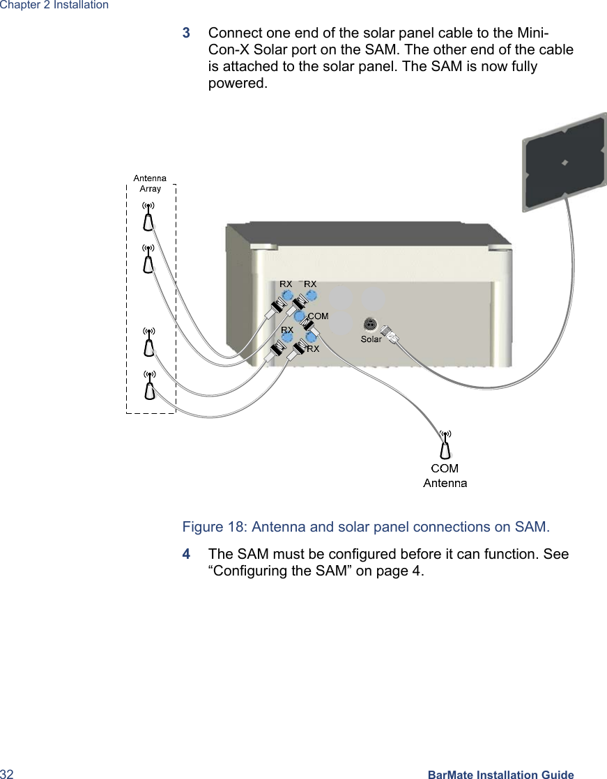 Chapter 2 Installation 32 BarMate Installation Guide 3  Connect one end of the solar panel cable to the Mini-Con-X Solar port on the SAM. The other end of the cable is attached to the solar panel. The SAM is now fully powered.         Figure 18: Antenna and solar panel connections on SAM. 4  The SAM must be configured before it can function. See “Configuring the SAM” on page 4. 