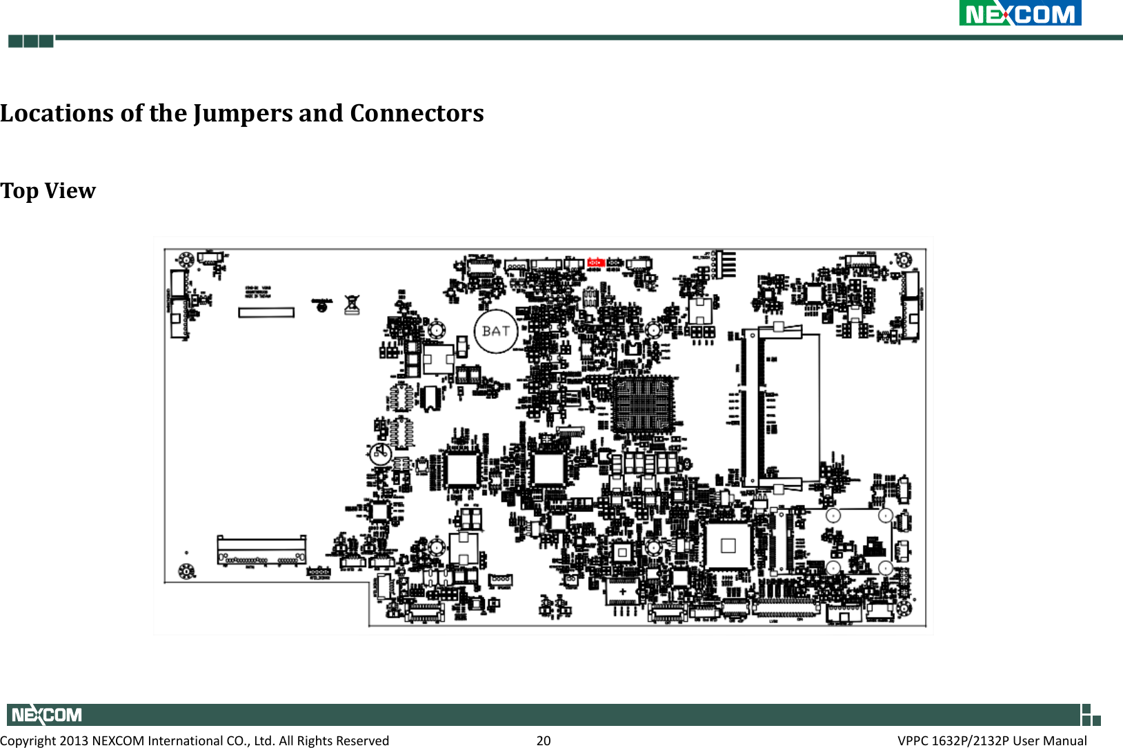     Copyright 2013 NEXCOM International CO., Ltd. All Rights Reserved  20  VPPC 1632P/2132P User Manual Locations of the Jumpers and Connectors Top View  