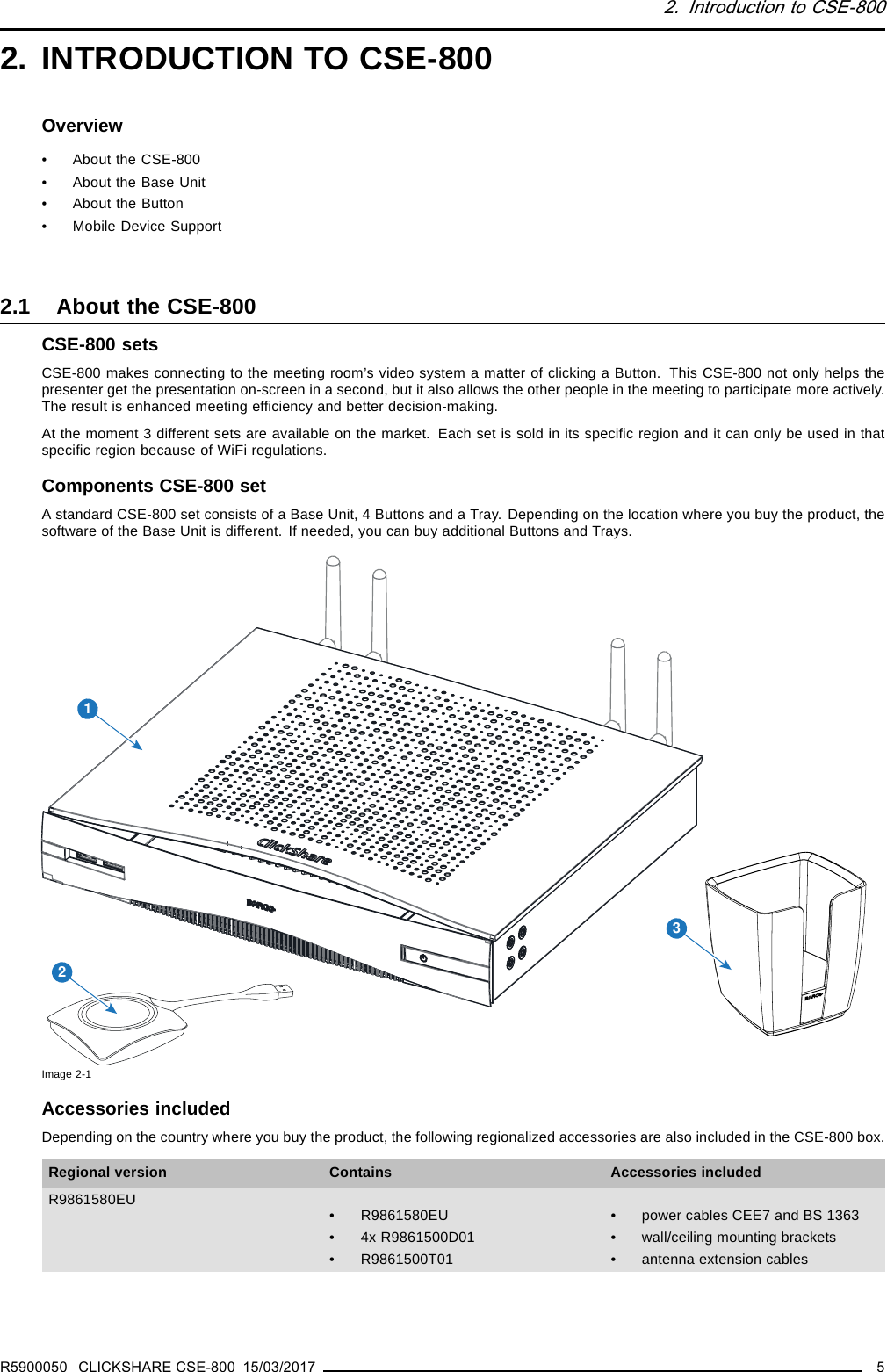 2. Introduction to CSE-8002. INTRODUCTION TO CSE-800Overview• About the CSE-800• About the Base Unit• About the Button• Mobile Device Support2.1 About the CSE-800CSE-800 setsCSE-800 makes connecting to the meeting room’s video system a matter of clicking a Button. This CSE-800 not only helps thepresenter get the presentation on-screen in a second, but it also allows the other people in the meeting to participate more actively.The result is enhanced meeting efﬁciency and better decision-making.At the moment 3 different sets are available on the market. Each set is sold in its speciﬁc region and it can only be used in thatspeciﬁc region because of WiFi regulations.Components CSE-800 setA standard CSE-800 set consists of a Base Unit, 4 Buttons and a Tray. Depending on the location where you buy the product, thesoftware of the Base Unit is different. If needed, you can buy additional Buttons and Trays.213Image 2-1Accessories includedDepending on the country where you buy the product, the following regionalized accessories are also included in the CSE-800 box.Regional version Contains Accessories includedR9861580EU • R9861580EU• 4x R9861500D01• R9861500T01• power cables CEE7 and BS 1363• wall/ceiling mounting brackets• antenna extension cablesR5900050 CLICKSHARE CSE-800 15/03/2017 5