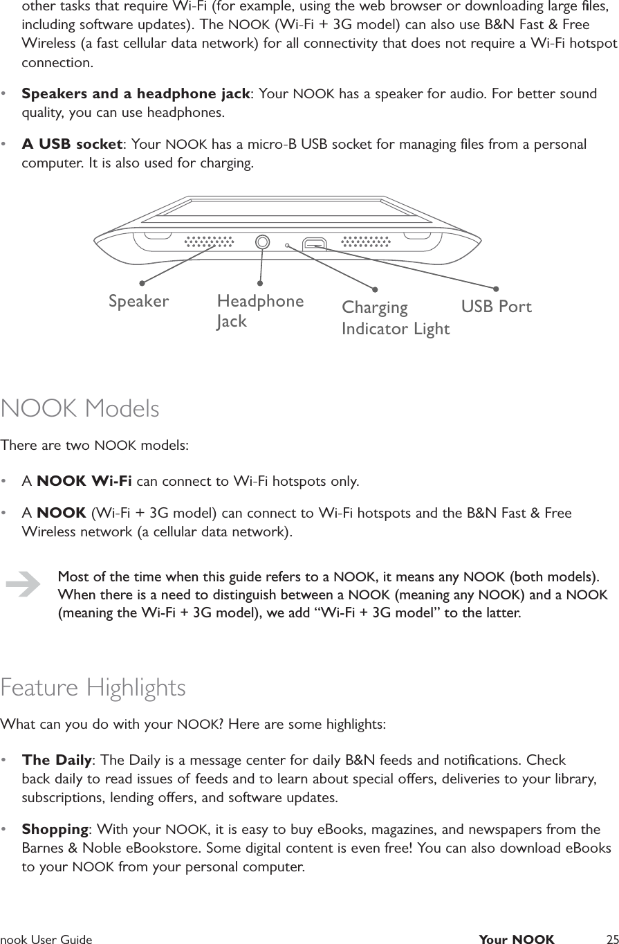  nook User Guide  Your NOOK 25other tasks that require Wi-Fi (for example, using the web browser or downloading large ﬁles, including software updates). The NOOK (Wi-Fi + 3G model) can also use B&amp;N Fast &amp; Free Wireless (a fast cellular data network) for all connectivity that does not require a Wi-Fi hotspot connection.&bull;  Speakers and a headphone jack: Your NOOK has a speaker for audio. For better sound quality, you can use headphones.&bull;  A USB socket: Your NOOK has a micro-B USB socket for managing ﬁles from a personal computer. It is also used for charging.HeadphoneJack USB PortSpeaker ChargingIndicator LightNOOK ModelsThere are two NOOK models:&bull;  A NOOK Wi-Fi can connect to Wi-Fi hotspots only.&bull;  A NOOK (Wi-Fi + 3G model) can connect to Wi-Fi hotspots and the B&amp;N Fast &amp; Free Wireless network (a cellular data network).Most of the time when this guide refers to a NOOK, it means any NOOK (both models). When there is a need to distinguish between a NOOK (meaning any NOOK) and a NOOK (meaning the Wi-Fi + 3G model), we add &ldquo;Wi-Fi + 3G model&rdquo; to the latter.Feature HighlightsWhat can you do with your NOOK? Here are some highlights:&bull;  The Daily: The Daily is a message center for daily B&amp;N feeds and notiﬁcations. Check back daily to read issues of feeds and to learn about special oers, deliveries to your library, subscriptions, lending oers, and software updates.&bull;  Shopping: With your NOOK, it is easy to buy eBooks, magazines, and newspapers from the Barnes &amp; Noble eBookstore. Some digital content is even free! You can also download eBooks to your NOOK from your personal computer.