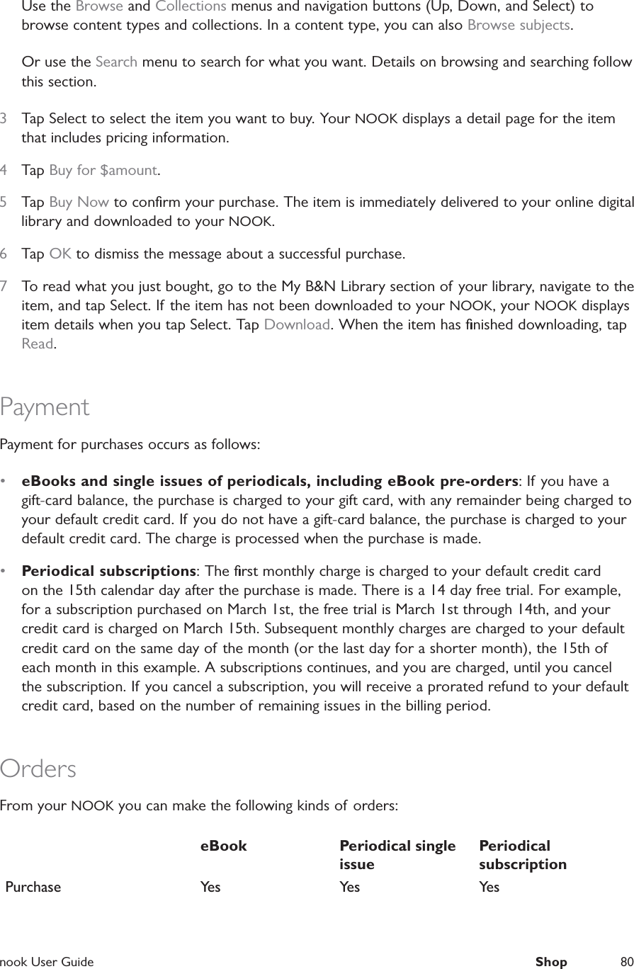  nook User Guide  Shop 80Use the Browse and Collections menus and navigation buttons (Up, Down, and Select) to browse content types and collections. In a content type, you can also Browse subjects.Or use the Search menu to search for what you want. Details on browsing and searching follow this section.3  Tap Select to select the item you want to buy. Your NOOK displays a detail page for the item that includes pricing information.4  Tap Buy for $amount.5  Tap Buy Now to conﬁrm your purchase. The item is immediately delivered to your online digital library and downloaded to your NOOK.6  Tap OK to dismiss the message about a successful purchase.7  To read what you just bought, go to the My B&amp;N Library section of  your library, navigate to the item, and tap Select. If the item has not been downloaded to your NOOK, your NOOK displays item details when you tap Select. Tap Download. When the item has ﬁnished downloading, tap Read.PaymentPayment for purchases occurs as follows:&bull;  eBooks and single issues of periodicals, including eBook pre-orders: If you have a gift-card balance, the purchase is charged to your gift card, with any remainder being charged to your default credit card. If you do not have a gift-card balance, the purchase is charged to your default credit card. The charge is processed when the purchase is made. &bull;  Periodical subscriptions: The ﬁrst monthly charge is charged to your default credit card on the 15th calendar day after the purchase is made. There is a 14 day free trial. For example, for a subscription purchased on March 1st, the free trial is March 1st through 14th, and your credit card is charged on March 15th. Subsequent monthly charges are charged to your default credit card on the same day of the month (or the last day for a shorter month), the 15th of each month in this example. A subscriptions continues, and you are charged, until you cancel the subscription. If you cancel a subscription, you will receive a prorated refund to your default credit card, based on the number of remaining issues in the billing period.OrdersFrom your NOOK you can make the following kinds of orders:eBook Periodical single issuePeriodical subscriptionPurchase Yes Yes Yes