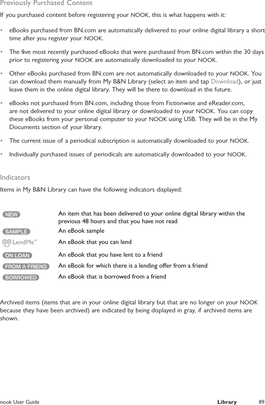  nook User Guide  Library 89Previously Purchased ContentIf you purchased content before registering your NOOK, this is what happens with it:&bull;  eBooks purchased from BN.com are automatically delivered to your online digital library a short time after you register your NOOK.&bull;  The ﬁve most recently purchased eBooks that were purchased from BN.com within the 30 days prior to registering your NOOK are automatically downloaded to your NOOK.&bull;  Other eBooks purchased from BN.com are not automatically downloaded to your NOOK. You can download them manually from My B&amp;N Library (select an item and tap Download), or just leave them in the online digital library. They will be there to download in the future.&bull;  eBooks not purchased from BN.com, including those from Fictionwise and eReader.com, are not delivered to your online digital library or downloaded to your NOOK. You can copy these eBooks from your personal computer to your NOOK using USB. They will be in the My Documents section of your library.&bull;  The current issue of a periodical subscription is automatically downloaded to your NOOK.&bull;  Individually purchased issues of periodicals are automatically downloaded to your NOOK.IndicatorsItems in My B&amp;N Library can have the following indicators displayed:An item that has been delivered to your online digital library within the previous 48 hours and that you have not readAn eBook sampleAn eBook that you can lendAn eBook that you have lent to a friendAn eBook for which there is a lending oer from a friendAn eBook that is borrowed from a friendArchived items (items that are in your online digital library but that are no longer on your NOOK because they have been archived) are indicated by being displayed in gray, if archived items are shown.
