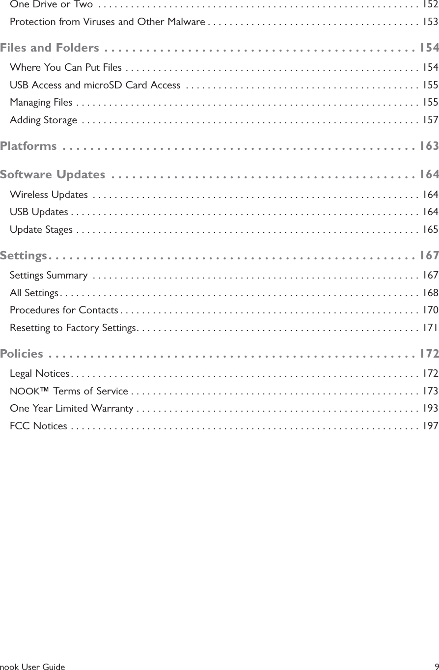  nook User Guide    9One Drive or Two  ...........................................................152Protection from Viruses and Other Malware .......................................153Files and Folders  .............................................154Where You Can Put Files ......................................................154USB Access and microSD Card Access  ...........................................155Managing Files ...............................................................155Adding Storage  ..............................................................157Platforms  ...................................................163Software Updates  ............................................164Wireless Updates  ............................................................164USB Updates ................................................................164Update Stages ...............................................................165Settings .....................................................167Settings Summary  ............................................................167All Settings ..................................................................168Procedures for Contacts .......................................................170Resetting to Factory Settings ....................................................171Policies  .....................................................172Legal Notices ................................................................172NOOK&trade; Terms of Service .....................................................173One Year Limited Warranty ....................................................193FCC Notices ................................................................197