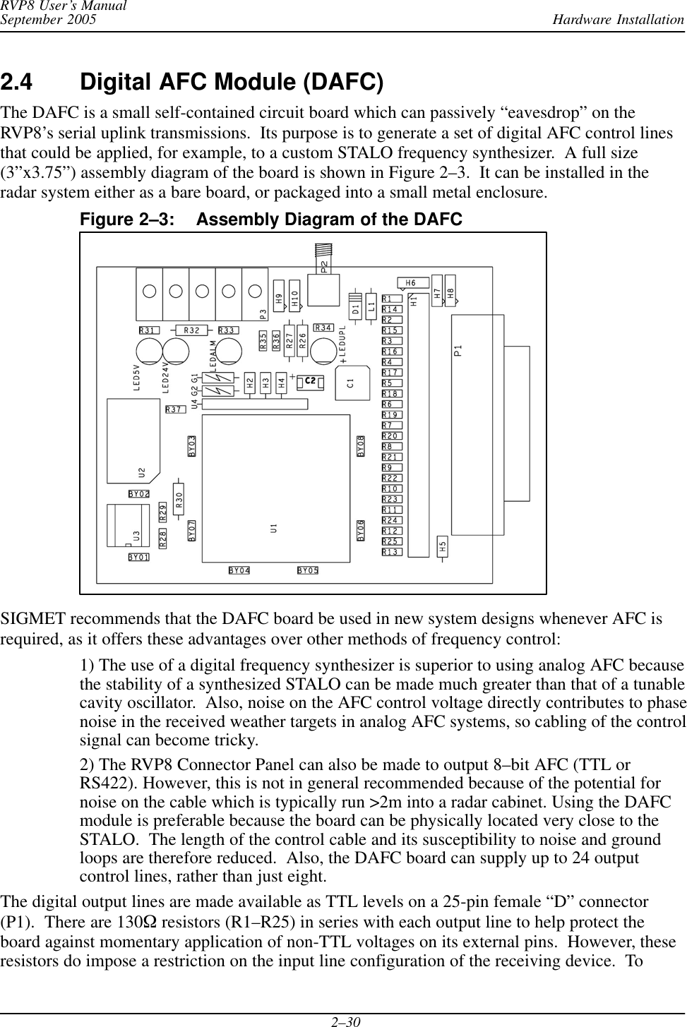 Hardware InstallationRVP8 User’s ManualSeptember 20052–302.4 Digital AFC Module (DAFC)The DAFC is a small self-contained circuit board which can passively “eavesdrop” on theRVP8’s serial uplink transmissions.  Its purpose is to generate a set of digital AFC control linesthat could be applied, for example, to a custom STALO frequency synthesizer.  A full size(3”x3.75”) assembly diagram of the board is shown in Figure 2–3.  It can be installed in theradar system either as a bare board, or packaged into a small metal enclosure.Figure 2–3: Assembly Diagram of the DAFCSIGMET recommends that the DAFC board be used in new system designs whenever AFC isrequired, as it offers these advantages over other methods of frequency control:1) The use of a digital frequency synthesizer is superior to using analog AFC becausethe stability of a synthesized STALO can be made much greater than that of a tunablecavity oscillator.  Also, noise on the AFC control voltage directly contributes to phasenoise in the received weather targets in analog AFC systems, so cabling of the controlsignal can become tricky.2) The RVP8 Connector Panel can also be made to output 8–bit AFC (TTL orRS422). However, this is not in general recommended because of the potential fornoise on the cable which is typically run &gt;2m into a radar cabinet. Using the DAFCmodule is preferable because the board can be physically located very close to theSTALO.  The length of the control cable and its susceptibility to noise and groundloops are therefore reduced.  Also, the DAFC board can supply up to 24 outputcontrol lines, rather than just eight.The digital output lines are made available as TTL levels on a 25-pin female “D” connector(P1).  There are 130W resistors (R1–R25) in series with each output line to help protect theboard against momentary application of non-TTL voltages on its external pins.  However, theseresistors do impose a restriction on the input line configuration of the receiving device.  To