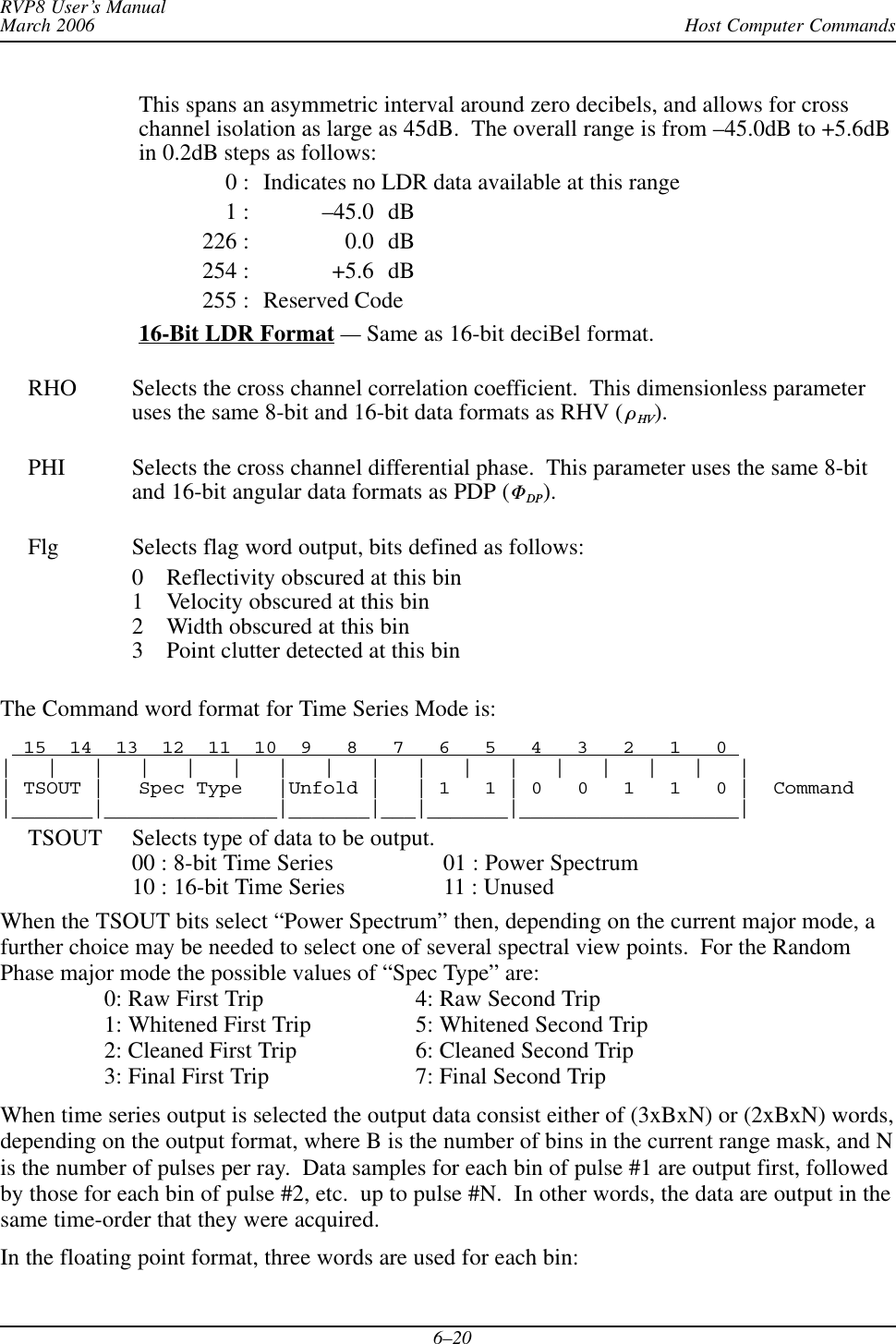 Host Computer CommandsRVP8 User’s ManualMarch 20066–20This spans an asymmetric interval around zero decibels, and allows for crosschannel isolation as large as 45dB.  The overall range is from –45.0dB to +5.6dBin 0.2dB steps as follows:0 : Indicates no LDR data available at this range1 : –45.0 dB226 : 0.0 dB254 : +5.6 dB255 : Reserved Code16-Bit LDR Format —Same as 16-bit deciBel format.RHO Selects the cross channel correlation coefficient.  This dimensionless parameteruses the same 8-bit and 16-bit data formats as RHV ( òHV).PHI Selects the cross channel differential phase.  This parameter uses the same 8-bitand 16-bit angular data formats as PDP (FDP).Flg Selects flag word output, bits defined as follows:0 Reflectivity obscured at this bin1 Velocity obscured at this bin2 Width obscured at this bin3 Point clutter detected at this binThe Command word format for Time Series Mode is:  15  14  13  12  11  10  9   8   7   6   5   4   3   2   1   0 |   |   |   |   |   |   |   |   |   |   |   |   |   |   |   |   || TSOUT |   Spec Type   |Unfold |   | 1   1 | 0   0   1   1   0 |  Command|_______|_______________|_______|___|_______|___________________|TSOUT Selects type of data to be output.00 : 8-bit Time Series 01 : Power Spectrum10 : 16-bit Time Series 11 : UnusedWhen the TSOUT bits select “Power Spectrum” then, depending on the current major mode, afurther choice may be needed to select one of several spectral view points.  For the RandomPhase major mode the possible values of “Spec Type” are:0: Raw First Trip 4: Raw Second Trip1: Whitened First Trip 5: Whitened Second Trip2: Cleaned First Trip 6: Cleaned Second Trip3: Final First Trip 7: Final Second TripWhen time series output is selected the output data consist either of (3xBxN) or (2xBxN) words,depending on the output format, where B is the number of bins in the current range mask, and Nis the number of pulses per ray.  Data samples for each bin of pulse #1 are output first, followedby those for each bin of pulse #2, etc.  up to pulse #N.  In other words, the data are output in thesame time-order that they were acquired.In the floating point format, three words are used for each bin: