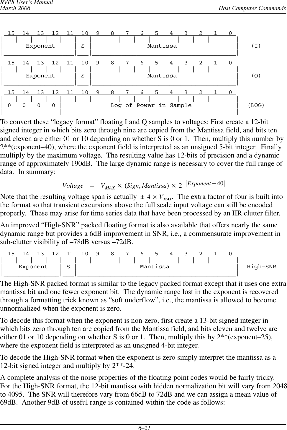 Host Computer CommandsRVP8 User’s ManualMarch 20066–21  15  14  13  12  11  10  9   8   7   6   5   4   3   2   1   0 |   |   |   |   |   |   |   |   |   |   |   |   |   |   |   |   ||      Exponent     | S |               Mantissa                |   (I)|___________________|___|_______________________________________|  15  14  13  12  11  10  9   8   7   6   5   4   3   2   1   0 |   |   |   |   |   |   |   |   |   |   |   |   |   |   |   |   ||      Exponent     | S |               Mantissa                |   (Q)|___________________|___|_______________________________________|  15  14  13  12  11  10  9   8   7   6   5   4   3   2   1   0 |   |   |   |   |   |   |   |   |   |   |   |   |   |   |   |   || 0   0   0   0 |             Log of Power in Sample            |  (LOG)|_______________|_______________________________________________|To convert these “legacy format” floating I and Q samples to voltages: First create a 12-bitsigned integer in which bits zero through nine are copied from the Mantissa field, and bits tenand eleven are either 01 or 10 depending on whether S is 0 or 1.  Then, multiply this number by2**(exponent–40), where the exponent field is interpreted as an unsigned 5-bit integer.  Finallymultiply by the maximum voltage.  The resulting value has 12-bits of precision and a dynamicrange of approximately 190dB.  The large dynamic range is necessary to cover the full range ofdata.  In summary:Voltage +VMAX  (Sign,Mantissa) 2ƪExponent*40ƫNote that the resulting voltage span is actually &quot;4 VMAX.  The extra factor of four is built intothe format so that transient excursions above the full scale input voltage can still be encodedproperly.  These may arise for time series data that have been processed by an IIR clutter filter.An improved “High-SNR” packed floating format is also available that offers nearly the samedynamic range but provides a 6dB improvement in SNR, i.e., a commensurate improvement insub-clutter visibility of –78dB versus –72dB.  15  14  13  12  11  10  9   8   7   6   5   4   3   2   1   0 |   |   |   |   |   |   |   |   |   |   |   |   |   |   |   |   ||    Exponent   | S |                 Mantissa                  |  High–SNR|_______________|___|___________________________________________|The High-SNR packed format is similar to the legacy packed format except that it uses one extramantissa bit and one fewer exponent bit.  The dynamic range lost in the exponent is recoveredthrough a formatting trick known as “soft underflow”, i.e., the mantissa is allowed to becomeunnormalized when the exponent is zero.To decode this format when the exponent is non-zero, first create a 13-bit signed integer inwhich bits zero through ten are copied from the Mantissa field, and bits eleven and twelve areeither 01 or 10 depending on whether S is 0 or 1.  Then, multiply this by 2**(exponent–25),where the exponent field is interpreted as an unsigned 4-bit integer.To decode the High-SNR format when the exponent is zero simply interpret the mantissa as a12-bit signed integer and multiply by 2**-24.A complete analysis of the noise properties of the floating point codes would be fairly tricky.For the High-SNR format, the 12-bit mantissa with hidden normalization bit will vary from 2048to 4095.  The SNR will therefore vary from 66dB to 72dB and we can assign a mean value of69dB.  Another 9dB of useful range is contained within the code as follows: