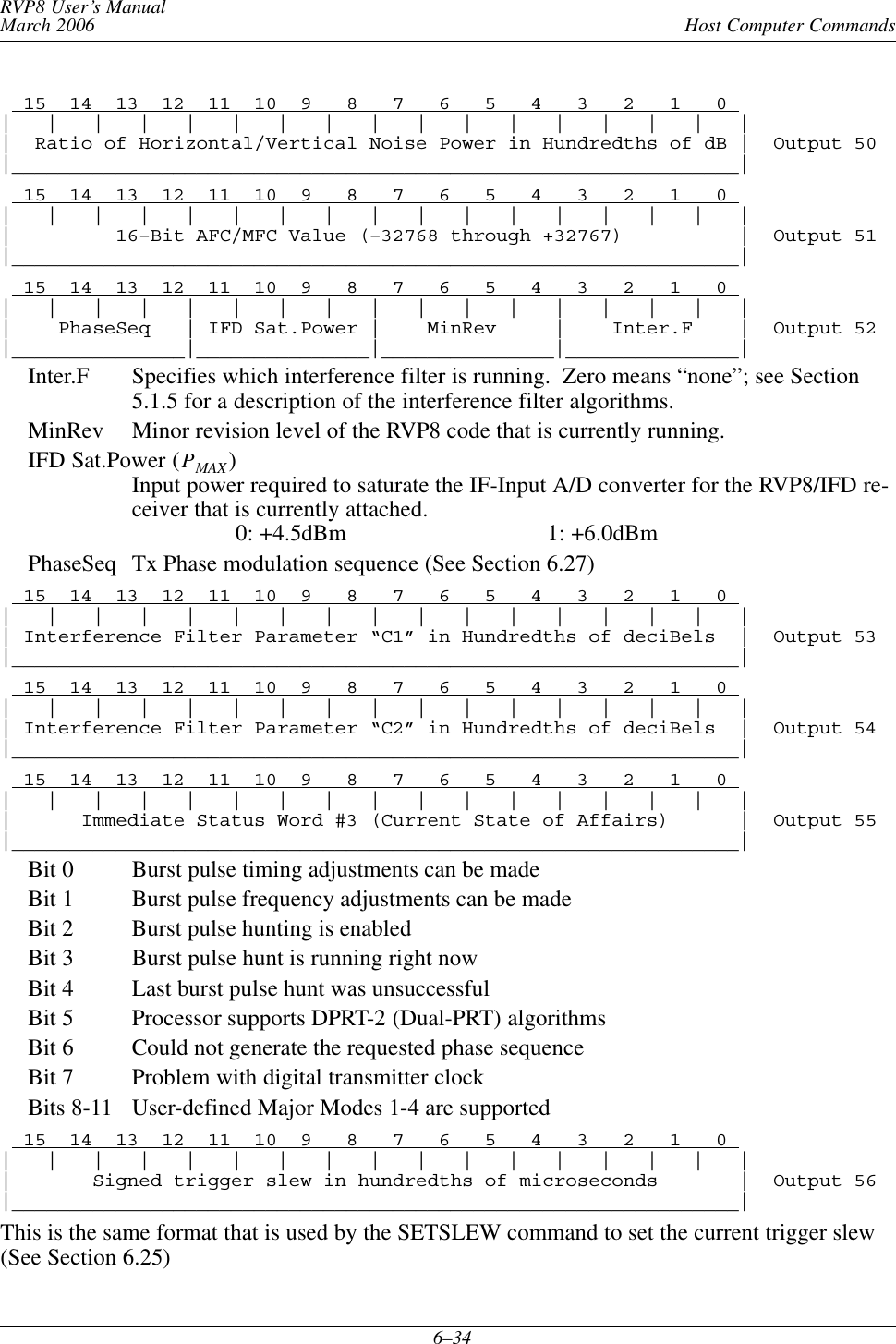 Host Computer CommandsRVP8 User’s ManualMarch 20066–34  15  14  13  12  11  10  9   8   7   6   5   4   3   2   1   0 |   |   |   |   |   |   |   |   |   |   |   |   |   |   |   |   ||  Ratio of Horizontal/Vertical Noise Power in Hundredths of dB |  Output 50|_______________________________________________________________|  15  14  13  12  11  10  9   8   7   6   5   4   3   2   1   0 |   |   |   |   |   |   |   |   |   |   |   |   |   |   |   |   ||         16–Bit AFC/MFC Value (–32768 through +32767)          |  Output 51|_______________________________________________________________|  15  14  13  12  11  10  9   8   7   6   5   4   3   2   1   0 |   |   |   |   |   |   |   |   |   |   |   |   |   |   |   |   ||    PhaseSeq   | IFD Sat.Power |    MinRev     |    Inter.F    |  Output 52|_______________|_______________|_______________|_______________|Inter.F Specifies which interference filter is running.  Zero means “none”; see Section5.1.5 for a description of the interference filter algorithms.MinRev Minor revision level of the RVP8 code that is currently running.IFD Sat.Power (PMAX )Input power required to saturate the IF-Input A/D converter for the RVP8/IFD re-ceiver that is currently attached.0: +4.5dBm 1: +6.0dBmPhaseSeq Tx Phase modulation sequence (See Section 6.27)  15  14  13  12  11  10  9   8   7   6   5   4   3   2   1   0 |   |   |   |   |   |   |   |   |   |   |   |   |   |   |   |   || Interference Filter Parameter “C1” in Hundredths of deciBels  |  Output 53|_______________________________________________________________|  15  14  13  12  11  10  9   8   7   6   5   4   3   2   1   0 |   |   |   |   |   |   |   |   |   |   |   |   |   |   |   |   || Interference Filter Parameter “C2” in Hundredths of deciBels  |  Output 54|_______________________________________________________________|  15  14  13  12  11  10  9   8   7   6   5   4   3   2   1   0 |   |   |   |   |   |   |   |   |   |   |   |   |   |   |   |   ||      Immediate Status Word #3 (Current State of Affairs)      |  Output 55|_______________________________________________________________|Bit 0 Burst pulse timing adjustments can be madeBit 1 Burst pulse frequency adjustments can be madeBit 2 Burst pulse hunting is enabledBit 3 Burst pulse hunt is running right nowBit 4 Last burst pulse hunt was unsuccessfulBit 5 Processor supports DPRT-2 (Dual-PRT) algorithmsBit 6 Could not generate the requested phase sequenceBit 7 Problem with digital transmitter clockBits 8-11 User-defined Major Modes 1-4 are supported  15  14  13  12  11  10  9   8   7   6   5   4   3   2   1   0 |   |   |   |   |   |   |   |   |   |   |   |   |   |   |   |   ||       Signed trigger slew in hundredths of microseconds       |  Output 56|_______________________________________________________________|This is the same format that is used by the SETSLEW command to set the current trigger slew(See Section 6.25)
