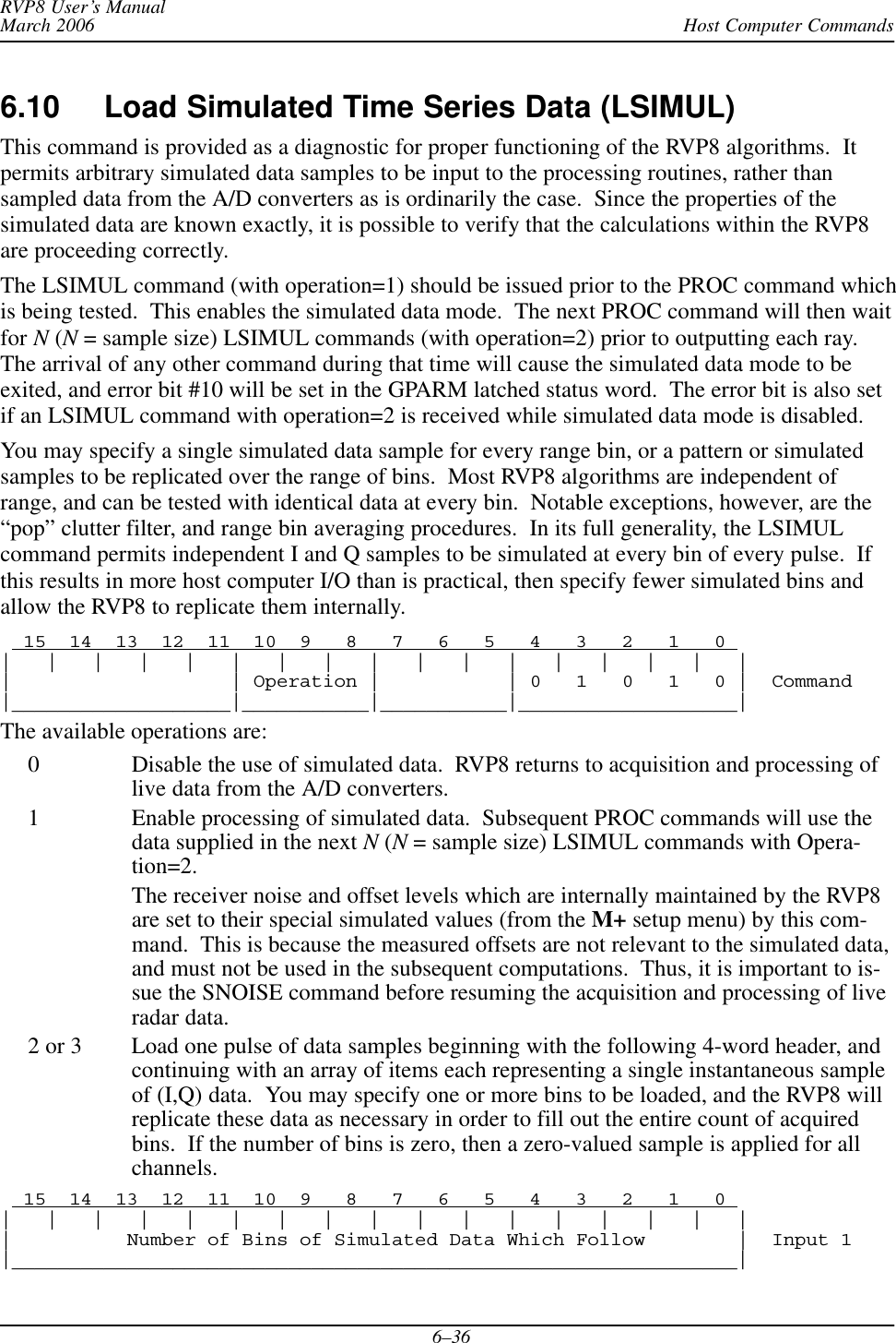 Host Computer CommandsRVP8 User’s ManualMarch 20066–366.10 Load Simulated Time Series Data (LSIMUL)This command is provided as a diagnostic for proper functioning of the RVP8 algorithms.  Itpermits arbitrary simulated data samples to be input to the processing routines, rather thansampled data from the A/D converters as is ordinarily the case.  Since the properties of thesimulated data are known exactly, it is possible to verify that the calculations within the RVP8are proceeding correctly.The LSIMUL command (with operation=1) should be issued prior to the PROC command whichis being tested.  This enables the simulated data mode.  The next PROC command will then waitfor N (N= sample size) LSIMUL commands (with operation=2) prior to outputting each ray.The arrival of any other command during that time will cause the simulated data mode to beexited, and error bit #10 will be set in the GPARM latched status word.  The error bit is also setif an LSIMUL command with operation=2 is received while simulated data mode is disabled.You may specify a single simulated data sample for every range bin, or a pattern or simulatedsamples to be replicated over the range of bins.  Most RVP8 algorithms are independent ofrange, and can be tested with identical data at every bin.  Notable exceptions, however, are the“pop” clutter filter, and range bin averaging procedures.  In its full generality, the LSIMULcommand permits independent I and Q samples to be simulated at every bin of every pulse.  Ifthis results in more host computer I/O than is practical, then specify fewer simulated bins andallow the RVP8 to replicate them internally.  15  14  13  12  11  10  9   8   7   6   5   4   3   2   1   0 |   |   |   |   |   |   |   |   |   |   |   |   |   |   |   |   ||                   | Operation |           | 0   1   0   1   0 |  Command|___________________|___________|___________|___________________|The available operations are:0 Disable the use of simulated data.  RVP8 returns to acquisition and processing oflive data from the A/D converters.1 Enable processing of simulated data.  Subsequent PROC commands will use thedata supplied in the next N (N = sample size) LSIMUL commands with Opera-tion=2.The receiver noise and offset levels which are internally maintained by the RVP8are set to their special simulated values (from the M+ setup menu) by this com-mand.  This is because the measured offsets are not relevant to the simulated data,and must not be used in the subsequent computations.  Thus, it is important to is-sue the SNOISE command before resuming the acquisition and processing of liveradar data.2 or 3 Load one pulse of data samples beginning with the following 4-word header, andcontinuing with an array of items each representing a single instantaneous sampleof (I,Q) data.  You may specify one or more bins to be loaded, and the RVP8 willreplicate these data as necessary in order to fill out the entire count of acquiredbins.  If the number of bins is zero, then a zero-valued sample is applied for allchannels.  15  14  13  12  11  10  9   8   7   6   5   4   3   2   1   0 |   |   |   |   |   |   |   |   |   |   |   |   |   |   |   |   ||          Number of Bins of Simulated Data Which Follow        |  Input 1|_______________________________________________________________|