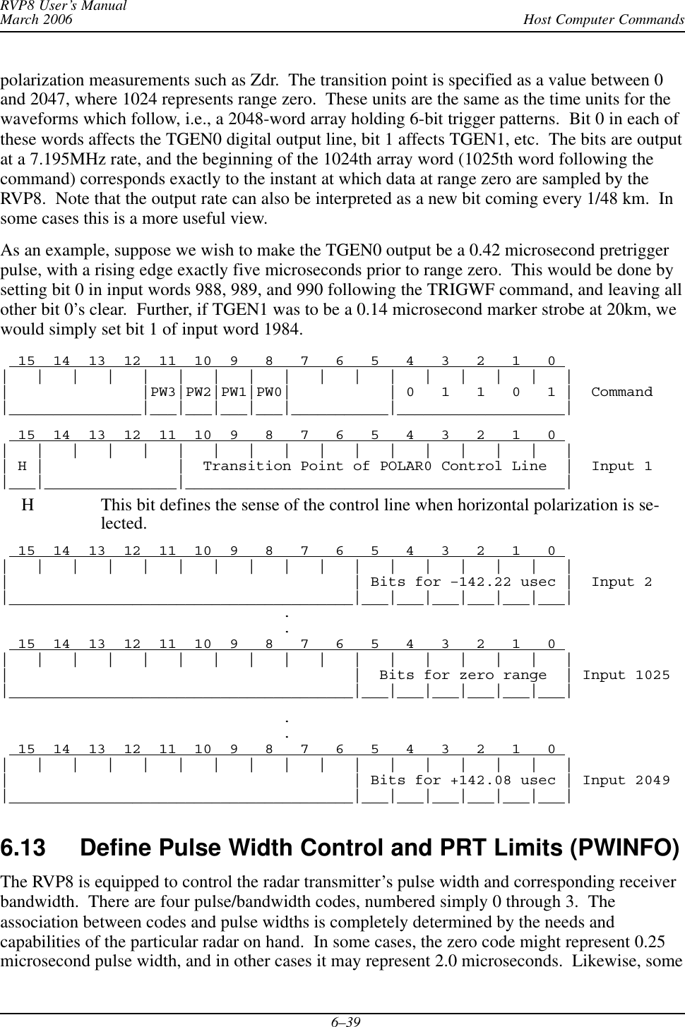 Host Computer CommandsRVP8 User’s ManualMarch 20066–39polarization measurements such as Zdr.  The transition point is specified as a value between 0and 2047, where 1024 represents range zero.  These units are the same as the time units for thewaveforms which follow, i.e., a 2048-word array holding 6-bit trigger patterns.  Bit 0 in each ofthese words affects the TGEN0 digital output line, bit 1 affects TGEN1, etc.  The bits are outputat a 7.195MHz rate, and the beginning of the 1024th array word (1025th word following thecommand) corresponds exactly to the instant at which data at range zero are sampled by theRVP8.  Note that the output rate can also be interpreted as a new bit coming every 1/48 km.  Insome cases this is a more useful view.As an example, suppose we wish to make the TGEN0 output be a 0.42 microsecond pretriggerpulse, with a rising edge exactly five microseconds prior to range zero.  This would be done bysetting bit 0 in input words 988, 989, and 990 following the TRIGWF command, and leaving allother bit 0’s clear.  Further, if TGEN1 was to be a 0.14 microsecond marker strobe at 20km, wewould simply set bit 1 of input word 1984.  15  14  13  12  11  10  9   8   7   6   5   4   3   2   1   0 |   |   |   |   |   |   |   |   |   |   |   |   |   |   |   |   ||               |PW3|PW2|PW1|PW0|           | 0   1   1   0   1 |  Command|_______________|___|___|___|___|___________|___________________|  15  14  13  12  11  10  9   8   7   6   5   4   3   2   1   0 |   |   |   |   |   |   |   |   |   |   |   |   |   |   |   |   || H |               |  Transition Point of POLAR0 Control Line  |  Input 1|___|_______________|___________________________________________|H This bit defines the sense of the control line when horizontal polarization is se-lected.  15  14  13  12  11  10  9   8   7   6   5   4   3   2   1   0 |   |   |   |   |   |   |   |   |   |   |   |   |   |   |   |   ||                                       | Bits for –142.22 usec |  Input 2|_______________________________________|___|___|___|___|___|___|                                .                                .  15  14  13  12  11  10  9   8   7   6   5   4   3   2   1   0 |   |   |   |   |   |   |   |   |   |   |   |   |   |   |   |   ||                                       |  Bits for zero range  | Input 1025|_______________________________________|___|___|___|___|___|___|                                .                                .  15  14  13  12  11  10  9   8   7   6   5   4   3   2   1   0 |   |   |   |   |   |   |   |   |   |   |   |   |   |   |   |   ||                                       | Bits for +142.08 usec | Input 2049|_______________________________________|___|___|___|___|___|___|6.13 Define Pulse Width Control and PRT Limits (PWINFO) The RVP8 is equipped to control the radar transmitter’s pulse width and corresponding receiverbandwidth.  There are four pulse/bandwidth codes, numbered simply 0 through 3.  Theassociation between codes and pulse widths is completely determined by the needs andcapabilities of the particular radar on hand.  In some cases, the zero code might represent 0.25microsecond pulse width, and in other cases it may represent 2.0 microseconds.  Likewise, some