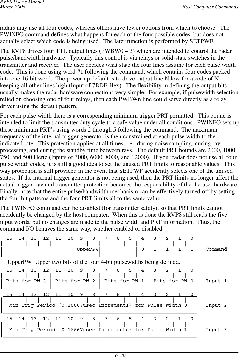 Host Computer CommandsRVP8 User’s ManualMarch 20066–40radars may use all four codes, whereas others have fewer options from which to choose.  ThePWINFO command defines what happens for each of the four possible codes, but does notactually select which code is being used.  The later function is performed by SETPWF.The RVP8 drives four TTL output lines (PWBW0 – 3) which are intended to control the radarpulse/bandwidth hardware.  Typically this control is via relays or solid-state switches in thetransmitter and receiver.  The user decides what state the four lines assume for each pulse widthcode.  This is done using word #1 following the command, which contains four codes packedinto one 16-bit word.  The power-up default is to drive output line N low for a code of N,keeping all other lines high (Input of 7BDE Hex).  The flexibility in defining the output bitsusually makes the radar hardware connections very simple.  For example, if pulsewidth selectionrelied on choosing one of four relays, then each PWBWn line could serve directly as a relaydriver using the default pattern.For each pulse width there is a corresponding minimum trigger PRT permitted.  This bound isintended to limit the transmitter duty cycle to a safe value under all conditions.  PWINFO sets upthese minimum PRT’s using words 2 through 5 following the command.  The maximumfrequency of the internal trigger generator is then constrained at each pulse width to theindicated rate.  This protection applies at all times, i.e., during noise sampling, during rayprocessing, and during the standby time between rays.  The default PRT bounds are 2000, 1000,750, and 500 Hertz (Inputs of 3000, 6000, 8000, and 12000).  If your radar does not use all fourpulse width codes, it is still a good idea to set the unused PRT limits to reasonable values.  Thisway protection is still provided in the event that SETPWF accidently selects one of the unusedstates.  If the internal trigger generator is not being used, then the PRT limits no longer affect theactual trigger rate and transmitter protection becomes the responsibility of the the user hardware.Finally, note that the entire pulse/bandwidth mechanism can be effectively turned off by settingthe four bit patterns and the four PRT limits all to the same value.The PWINFO command can be disabled (for transmitter safety), so that PRT limits cannotaccidently be changed by the host computer.  When this is done the RVP8 still reads the fiveinput words, but no changes are made to the pulse width and PRT information.  Thus, thecommand I/O behaves the same way, whether enabled or disabled.  15  14  13  12  11  10  9   8   7   6   5   4   3   2   1   0 |   |   |   |   |   |   |   |   |   |   |   |   |   |   |   |   ||                       |UpperPW|           | 0   1   1   1   1 |  Command|_______________________|_______|___________|___________________|UpperPW Upper two bits of the four 4-bit pulsewidths being defined.  15  14  13  12  11  10  9   8   7   6   5   4   3   2   1   0 |   |   |   |   |   |   |   |   |   |   |   |   |   |   |   |   || Bits for PW 3 | Bits for PW 2 | Bits for PW 1 | Bits for PW 0 |  Input 1|_______________|_______________|_______________|_______________|  15  14  13  12  11  10  9   8   7   6   5   4   3   2   1   0 |   |   |   |   |   |   |   |   |   |   |   |   |   |   |   |   ||  Min Trig Period (0.16667usec Increments) for Pulse Width 0   |  Input 2|_______________________________________________________________|  15  14  13  12  11  10  9   8   7   6   5   4   3   2   1   0 |   |   |   |   |   |   |   |   |   |   |   |   |   |   |   |   ||  Min Trig Period (0.16667usec Increments) for Pulse Width 1   |  Input 3|_______________________________________________________________|