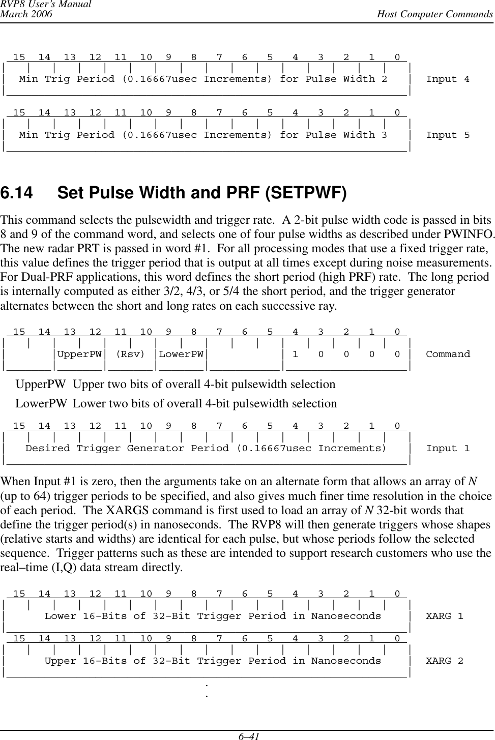 Host Computer CommandsRVP8 User’s ManualMarch 20066–41  15  14  13  12  11  10  9   8   7   6   5   4   3   2   1   0 |   |   |   |   |   |   |   |   |   |   |   |   |   |   |   |   ||  Min Trig Period (0.16667usec Increments) for Pulse Width 2   |  Input 4|_______________________________________________________________|  15  14  13  12  11  10  9   8   7   6   5   4   3   2   1   0 |   |   |   |   |   |   |   |   |   |   |   |   |   |   |   |   ||  Min Trig Period (0.16667usec Increments) for Pulse Width 3   |  Input 5|_______________________________________________________________|6.14 Set Pulse Width and PRF (SETPWF)This command selects the pulsewidth and trigger rate.  A 2-bit pulse width code is passed in bits8 and 9 of the command word, and selects one of four pulse widths as described under PWINFO.The new radar PRT is passed in word #1.  For all processing modes that use a fixed trigger rate,this value defines the trigger period that is output at all times except during noise measurements.For Dual-PRF applications, this word defines the short period (high PRF) rate.  The long periodis internally computed as either 3/2, 4/3, or 5/4 the short period, and the trigger generatoralternates between the short and long rates on each successive ray.  15  14  13  12  11  10  9   8   7   6   5   4   3   2   1   0 |   |   |   |   |   |   |   |   |   |   |   |   |   |   |   |   ||       |UpperPW| (Rsv) |LowerPW|           | 1   0   0   0   0 |  Command|_______|_______|_______|_______|___________|___________________|UpperPW Upper two bits of overall 4-bit pulsewidth selectionLowerPW Lower two bits of overall 4-bit pulsewidth selection  15  14  13  12  11  10  9   8   7   6   5   4   3   2   1   0 |   |   |   |   |   |   |   |   |   |   |   |   |   |   |   |   ||   Desired Trigger Generator Period (0.16667usec Increments)   |  Input 1|_______________________________________________________________|When Input #1 is zero, then the arguments take on an alternate form that allows an array of N(up to 64) trigger periods to be specified, and also gives much finer time resolution in the choiceof each period.  The XARGS command is first used to load an array of N 32-bit words thatdefine the trigger period(s) in nanoseconds.  The RVP8 will then generate triggers whose shapes(relative starts and widths) are identical for each pulse, but whose periods follow the selectedsequence.  Trigger patterns such as these are intended to support research customers who use thereal–time (I,Q) data stream directly.  15  14  13  12  11  10  9   8   7   6   5   4   3   2   1   0 |   |   |   |   |   |   |   |   |   |   |   |   |   |   |   |   ||      Lower 16–Bits of 32–Bit Trigger Period in Nanoseconds    |  XARG 1|_______________________________________________________________|  15  14  13  12  11  10  9   8   7   6   5   4   3   2   1   0 |   |   |   |   |   |   |   |   |   |   |   |   |   |   |   |   ||      Upper 16–Bits of 32–Bit Trigger Period in Nanoseconds    |  XARG 2|_______________________________________________________________|                                .                                .