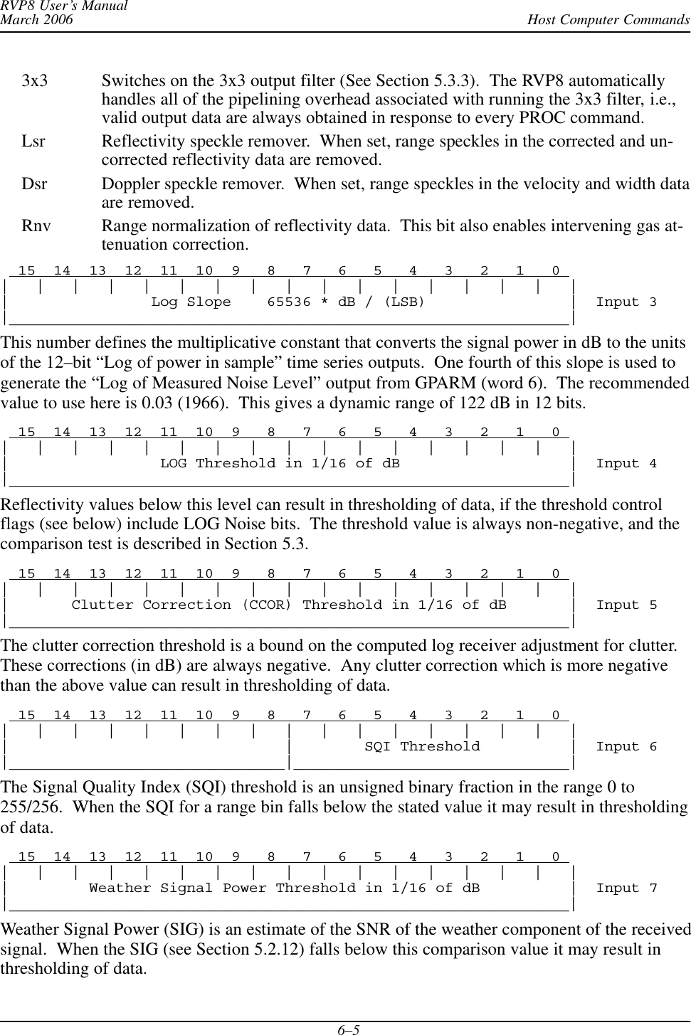 Host Computer CommandsRVP8 User’s ManualMarch 20066–53x3 Switches on the 3x3 output filter (See Section 5.3.3).  The RVP8 automaticallyhandles all of the pipelining overhead associated with running the 3x3 filter, i.e.,valid output data are always obtained in response to every PROC command.Lsr Reflectivity speckle remover.  When set, range speckles in the corrected and un-corrected reflectivity data are removed.Dsr Doppler speckle remover.  When set, range speckles in the velocity and width dataare removed.Rnv Range normalization of reflectivity data.  This bit also enables intervening gas at-tenuation correction.  15  14  13  12  11  10  9   8   7   6   5   4   3   2   1   0 |   |   |   |   |   |   |   |   |   |   |   |   |   |   |   |   ||                Log Slope    65536 * dB / (LSB)                |  Input 3|_______________________________________________________________|This number defines the multiplicative constant that converts the signal power in dB to the unitsof the 12–bit “Log of power in sample” time series outputs.  One fourth of this slope is used togenerate the “Log of Measured Noise Level” output from GPARM (word 6).  The recommendedvalue to use here is 0.03 (1966).  This gives a dynamic range of 122 dB in 12 bits.  15  14  13  12  11  10  9   8   7   6   5   4   3   2   1   0 |   |   |   |   |   |   |   |   |   |   |   |   |   |   |   |   ||                 LOG Threshold in 1/16 of dB                   |  Input 4|_______________________________________________________________|Reflectivity values below this level can result in thresholding of data, if the threshold controlflags (see below) include LOG Noise bits.  The threshold value is always non-negative, and thecomparison test is described in Section 5.3.  15  14  13  12  11  10  9   8   7   6   5   4   3   2   1   0 |   |   |   |   |   |   |   |   |   |   |   |   |   |   |   |   ||       Clutter Correction (CCOR) Threshold in 1/16 of dB       |  Input 5|_______________________________________________________________|The clutter correction threshold is a bound on the computed log receiver adjustment for clutter.These corrections (in dB) are always negative.  Any clutter correction which is more negativethan the above value can result in thresholding of data.  15  14  13  12  11  10  9   8   7   6   5   4   3   2   1   0 |   |   |   |   |   |   |   |   |   |   |   |   |   |   |   |   ||                               |        SQI Threshold          |  Input 6|_______________________________|_______________________________|The Signal Quality Index (SQI) threshold is an unsigned binary fraction in the range 0 to255/256.  When the SQI for a range bin falls below the stated value it may result in thresholdingof data.  15  14  13  12  11  10  9   8   7   6   5   4   3   2   1   0 |   |   |   |   |   |   |   |   |   |   |   |   |   |   |   |   ||         Weather Signal Power Threshold in 1/16 of dB          |  Input 7|_______________________________________________________________|Weather Signal Power (SIG) is an estimate of the SNR of the weather component of the receivedsignal.  When the SIG (see Section 5.2.12) falls below this comparison value it may result inthresholding of data.