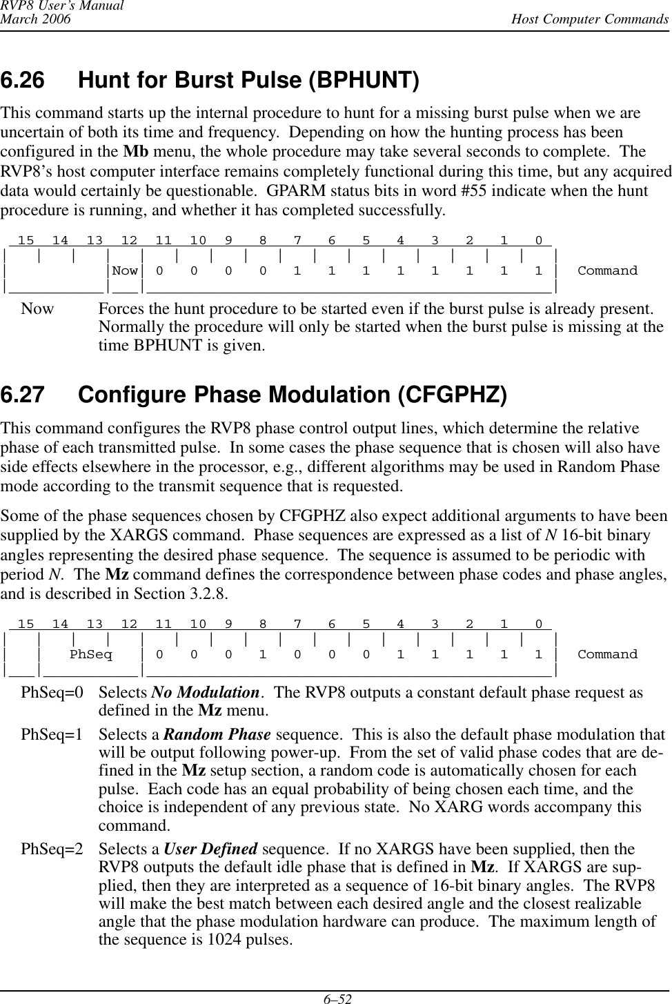 Host Computer CommandsRVP8 User’s ManualMarch 20066–526.26 Hunt for Burst Pulse (BPHUNT)This command starts up the internal procedure to hunt for a missing burst pulse when we areuncertain of both its time and frequency.  Depending on how the hunting process has beenconfigured in the Mb menu, the whole procedure may take several seconds to complete.  TheRVP8’s host computer interface remains completely functional during this time, but any acquireddata would certainly be questionable.  GPARM status bits in word #55 indicate when the huntprocedure is running, and whether it has completed successfully.  15  14  13  12  11  10  9   8   7   6   5   4   3   2   1   0 |   |   |   |   |   |   |   |   |   |   |   |   |   |   |   |   ||           |Now| 0   0   0   0   1   1   1   1   1   1   1   1 |  Command|___________|___|_______________________________________________|Now Forces the hunt procedure to be started even if the burst pulse is already present.Normally the procedure will only be started when the burst pulse is missing at thetime BPHUNT is given.6.27 Configure Phase Modulation (CFGPHZ)This command configures the RVP8 phase control output lines, which determine the relativephase of each transmitted pulse.  In some cases the phase sequence that is chosen will also haveside effects elsewhere in the processor, e.g., different algorithms may be used in Random Phasemode according to the transmit sequence that is requested.Some of the phase sequences chosen by CFGPHZ also expect additional arguments to have beensupplied by the XARGS command.  Phase sequences are expressed as a list of N 16-bit binaryangles representing the desired phase sequence.  The sequence is assumed to be periodic withperiod N.  The Mz command defines the correspondence between phase codes and phase angles,and is described in Section 3.2.8.  15  14  13  12  11  10  9   8   7   6   5   4   3   2   1   0 |   |   |   |   |   |   |   |   |   |   |   |   |   |   |   |   ||   |   PhSeq   | 0   0   0   1   0   0   0   1   1   1   1   1 |  Command|___|___________|_______________________________________________|PhSeq=0 Selects No Modulation.  The RVP8 outputs a constant default phase request asdefined in the Mz menu.PhSeq=1 Selects a Random Phase sequence.  This is also the default phase modulation thatwill be output following power-up.  From the set of valid phase codes that are de-fined in the Mz setup section, a random code is automatically chosen for eachpulse.  Each code has an equal probability of being chosen each time, and thechoice is independent of any previous state.  No XARG words accompany thiscommand.PhSeq=2 Selects a User Defined sequence.  If no XARGS have been supplied, then theRVP8 outputs the default idle phase that is defined in Mz.  If XARGS are sup-plied, then they are interpreted as a sequence of 16-bit binary angles.  The RVP8will make the best match between each desired angle and the closest realizableangle that the phase modulation hardware can produce.  The maximum length ofthe sequence is 1024 pulses.