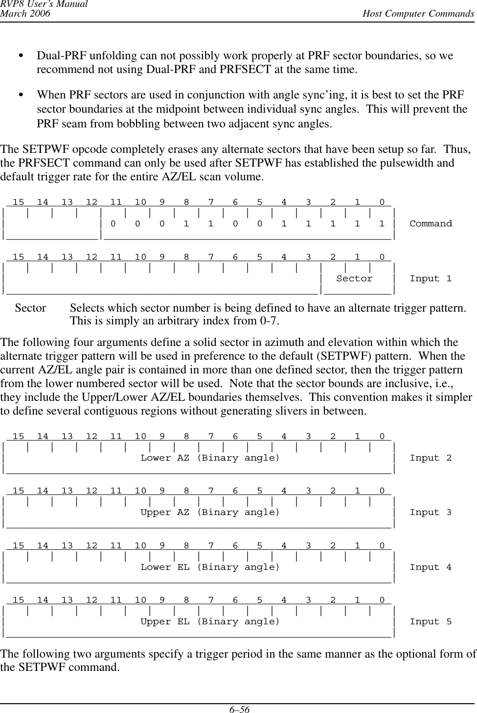 Host Computer CommandsRVP8 User’s ManualMarch 20066–56Dual-PRF unfolding can not possibly work properly at PRF sector boundaries, so werecommend not using Dual-PRF and PRFSECT at the same time.When PRF sectors are used in conjunction with angle sync’ing, it is best to set the PRFsector boundaries at the midpoint between individual sync angles.  This will prevent thePRF seam from bobbling between two adjacent sync angles.The SETPWF opcode completely erases any alternate sectors that have been setup so far.  Thus,the PRFSECT command can only be used after SETPWF has established the pulsewidth anddefault trigger rate for the entire AZ/EL scan volume.  15  14  13  12  11  10  9   8   7   6   5   4   3   2   1   0 |   |   |   |   |   |   |   |   |   |   |   |   |   |   |   |   ||               | 0   0   0   1   1   0   0   1   1   1   1   1 |  Command|_______________|_______________________________________________|  15  14  13  12  11  10  9   8   7   6   5   4   3   2   1   0 |   |   |   |   |   |   |   |   |   |   |   |   |   |   |   |   ||                                                   |  Sector   |  Input 1|___________________________________________________|___________|Sector Selects which sector number is being defined to have an alternate trigger pattern.This is simply an arbitrary index from 0-7.The following four arguments define a solid sector in azimuth and elevation within which thealternate trigger pattern will be used in preference to the default (SETPWF) pattern.  When thecurrent AZ/EL angle pair is contained in more than one defined sector, then the trigger patternfrom the lower numbered sector will be used.  Note that the sector bounds are inclusive, i.e.,they include the Upper/Lower AZ/EL boundaries themselves.  This convention makes it simplerto define several contiguous regions without generating slivers in between.  15  14  13  12  11  10  9   8   7   6   5   4   3   2   1   0 |   |   |   |   |   |   |   |   |   |   |   |   |   |   |   |   ||                      Lower AZ (Binary angle)                  |  Input 2|_______________________________________________________________|  15  14  13  12  11  10  9   8   7   6   5   4   3   2   1   0 |   |   |   |   |   |   |   |   |   |   |   |   |   |   |   |   ||                      Upper AZ (Binary angle)                  |  Input 3|_______________________________________________________________|  15  14  13  12  11  10  9   8   7   6   5   4   3   2   1   0 |   |   |   |   |   |   |   |   |   |   |   |   |   |   |   |   ||                      Lower EL (Binary angle)                  |  Input 4|_______________________________________________________________|  15  14  13  12  11  10  9   8   7   6   5   4   3   2   1   0 |   |   |   |   |   |   |   |   |   |   |   |   |   |   |   |   ||                      Upper EL (Binary angle)                  |  Input 5|_______________________________________________________________|The following two arguments specify a trigger period in the same manner as the optional form ofthe SETPWF command.