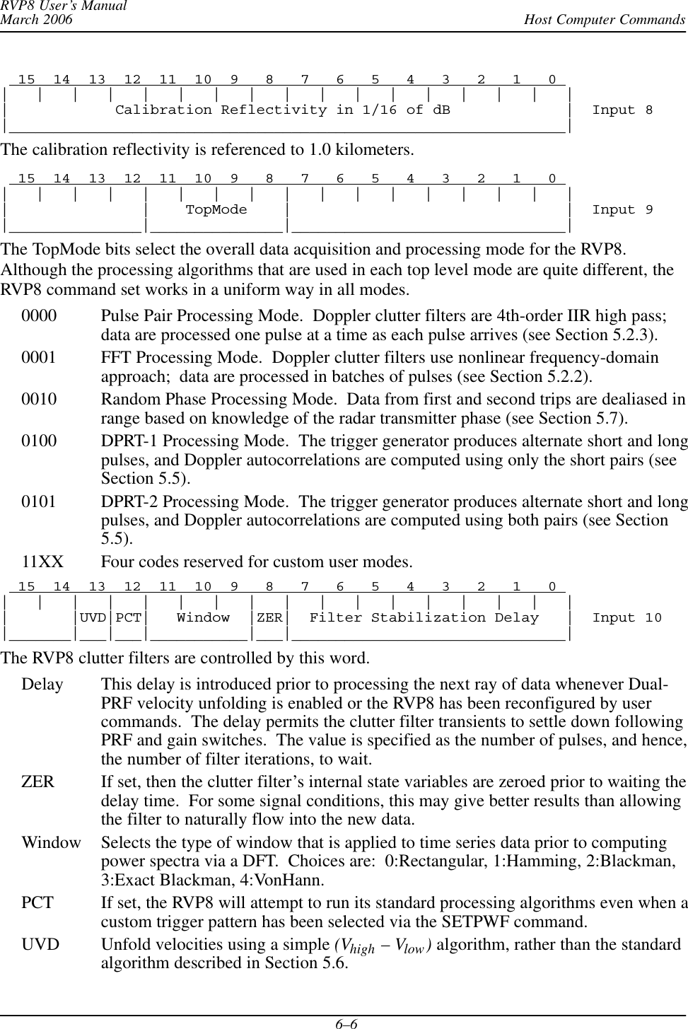 Host Computer CommandsRVP8 User’s ManualMarch 20066–6  15  14  13  12  11  10  9   8   7   6   5   4   3   2   1   0 |   |   |   |   |   |   |   |   |   |   |   |   |   |   |   |   ||            Calibration Reflectivity in 1/16 of dB             |  Input 8|_______________________________________________________________|The calibration reflectivity is referenced to 1.0 kilometers.  15  14  13  12  11  10  9   8   7   6   5   4   3   2   1   0 |   |   |   |   |   |   |   |   |   |   |   |   |   |   |   |   ||               |    TopMode    |                               |  Input 9|_______________|_______________|_______________________________|The TopMode bits select the overall data acquisition and processing mode for the RVP8.Although the processing algorithms that are used in each top level mode are quite different, theRVP8 command set works in a uniform way in all modes.0000 Pulse Pair Processing Mode.  Doppler clutter filters are 4th-order IIR high pass;data are processed one pulse at a time as each pulse arrives (see Section 5.2.3).0001 FFT Processing Mode.  Doppler clutter filters use nonlinear frequency-domainapproach;  data are processed in batches of pulses (see Section 5.2.2).0010 Random Phase Processing Mode.  Data from first and second trips are dealiased inrange based on knowledge of the radar transmitter phase (see Section 5.7).0100 DPRT-1 Processing Mode.  The trigger generator produces alternate short and longpulses, and Doppler autocorrelations are computed using only the short pairs (seeSection 5.5).0101 DPRT-2 Processing Mode.  The trigger generator produces alternate short and longpulses, and Doppler autocorrelations are computed using both pairs (see Section5.5).11XX Four codes reserved for custom user modes.  15  14  13  12  11  10  9   8   7   6   5   4   3   2   1   0 |   |   |   |   |   |   |   |   |   |   |   |   |   |   |   |   ||       |UVD|PCT|   Window  |ZER|  Filter Stabilization Delay   |  Input 10|_______|___|___|___________|___|_______________________________|The RVP8 clutter filters are controlled by this word.Delay This delay is introduced prior to processing the next ray of data whenever Dual-PRF velocity unfolding is enabled or the RVP8 has been reconfigured by usercommands.  The delay permits the clutter filter transients to settle down followingPRF and gain switches.  The value is specified as the number of pulses, and hence,the number of filter iterations, to wait.ZER If set, then the clutter filter’s internal state variables are zeroed prior to waiting thedelay time.  For some signal conditions, this may give better results than allowingthe filter to naturally flow into the new data.Window Selects the type of window that is applied to time series data prior to computingpower spectra via a DFT.  Choices are:  0:Rectangular, 1:Hamming, 2:Blackman,3:Exact Blackman, 4:VonHann.PCT If set, the RVP8 will attempt to run its standard processing algorithms even when acustom trigger pattern has been selected via the SETPWF command.UVD Unfold velocities using a simple (Vhigh – Vlow) algorithm, rather than the standardalgorithm described in Section 5.6.