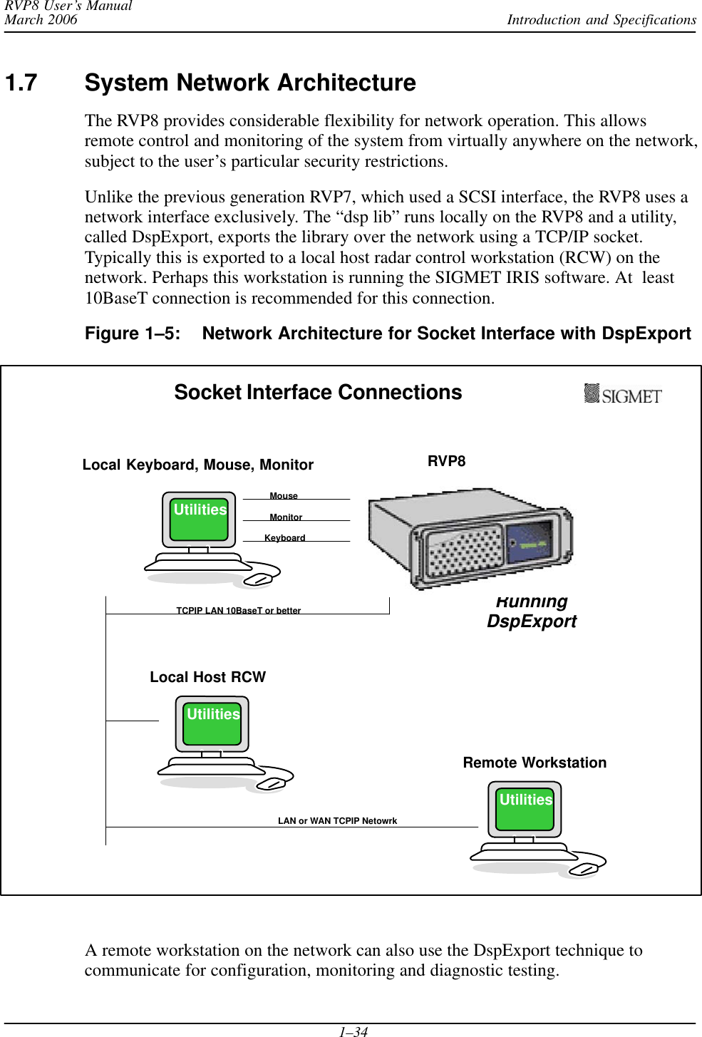 Introduction and SpecificationsRVP8 User’s ManualMarch 20061–341.7 System Network ArchitectureThe RVP8 provides considerable flexibility for network operation. This allowsremote control and monitoring of the system from virtually anywhere on the network,subject to the user’s particular security restrictions.Unlike the previous generation RVP7, which used a SCSI interface, the RVP8 uses anetwork interface exclusively. The “dsp lib” runs locally on the RVP8 and a utility,called DspExport, exports the library over the network using a TCP/IP socket.Typically this is exported to a local host radar control workstation (RCW) on thenetwork. Perhaps this workstation is running the SIGMET IRIS software. At  least10BaseT connection is recommended for this connection.Figure 1–5: Network Architecture for Socket Interface with DspExportKeyboardMouseMonitorUtilitiesLocal Keyboard, Mouse, MonitorLocal Host RCWLAN or WAN TCPIP NetowrkRemote WorkstationSocket Interface ConnectionsRunningDspExportRVP8TCPIP LAN 10BaseT or betterUtilitiesUtilitiesA remote workstation on the network can also use the DspExport technique tocommunicate for configuration, monitoring and diagnostic testing.