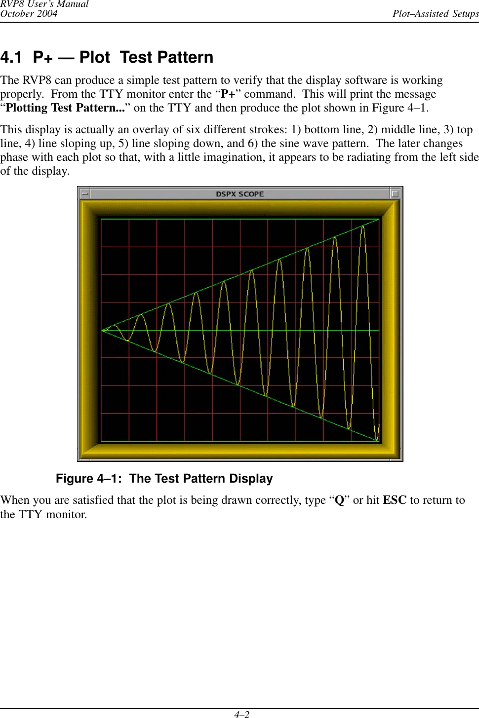 Plot–Assisted SetupsRVP8 User’s ManualOctober 20044–24.1  P+ — Plot  Test PatternThe RVP8 can produce a simple test pattern to verify that the display software is workingproperly.  From the TTY monitor enter the “P+” command.  This will print the message“Plotting Test Pattern...” on the TTY and then produce the plot shown in Figure 4–1.This display is actually an overlay of six different strokes: 1) bottom line, 2) middle line, 3) topline, 4) line sloping up, 5) line sloping down, and 6) the sine wave pattern.  The later changesphase with each plot so that, with a little imagination, it appears to be radiating from the left sideof the display.Figure 4–1:  The Test Pattern DisplayWhen you are satisfied that the plot is being drawn correctly, type “Q” or hit ESC to return tothe TTY monitor.