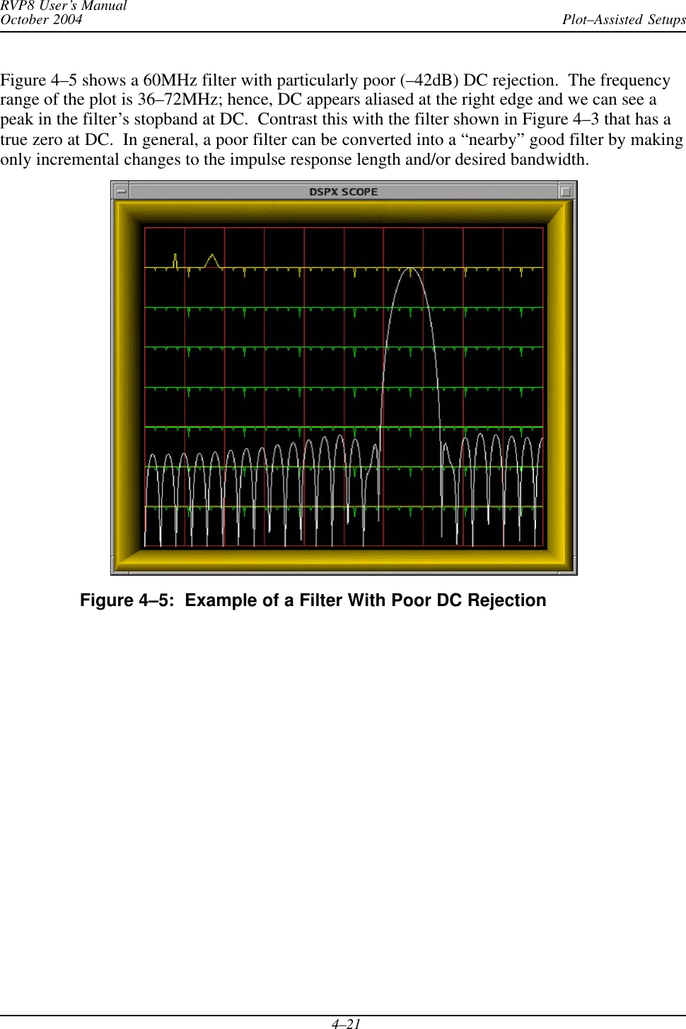 Plot–Assisted SetupsRVP8 User’s ManualOctober 20044–21Figure 4–5 shows a 60MHz filter with particularly poor (–42dB) DC rejection.  The frequencyrange of the plot is 36–72MHz; hence, DC appears aliased at the right edge and we can see apeak in the filter’s stopband at DC.  Contrast this with the filter shown in Figure 4–3 that has atrue zero at DC.  In general, a poor filter can be converted into a “nearby” good filter by makingonly incremental changes to the impulse response length and/or desired bandwidth.Figure 4–5:  Example of a Filter With Poor DC Rejection