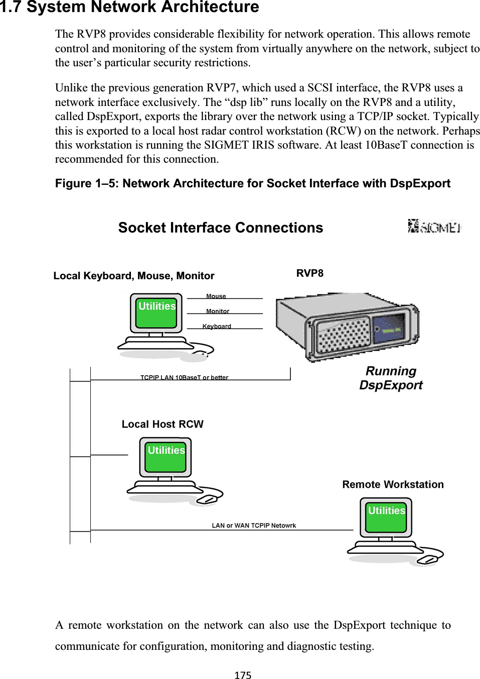 1751.7 System Network Architecture The RVP8 provides considerable flexibility for network operation. This allows remote control and monitoring of the system from virtually anywhere on the network, subject to the user’s particular security restrictions.  Unlike the previous generation RVP7, which used a SCSI interface, the RVP8 uses a network interface exclusively. The “dsp lib” runs locally on the RVP8 and a utility, called DspExport, exports the library over the network using a TCP/IP socket. Typically this is exported to a local host radar control workstation (RCW) on the network. Perhaps this workstation is running the SIGMET IRIS software. At least 10BaseT connection is recommended for this connection.  Figure 1–5: Network Architecture for Socket Interface with DspExport Socket Interface Connections RVP8Local Keyboard, Mouse, Monitor RunningDspExport Mouse MonitorKeyboardA remote workstation on the network can also use the DspExport technique tocommunicate for configuration, monitoring and diagnostic testing.  