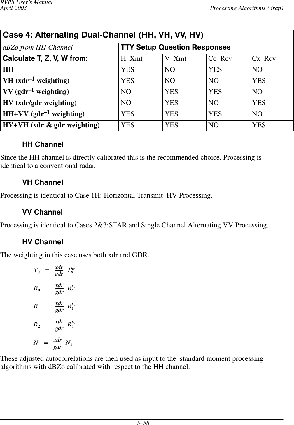 Processing Algorithms (draft)RVP8 User’s ManualApril 20035–58Case 4: Alternating DualĆChannel (HH, VH, VV, HV)dBZo from HH Channel TTY Setup Question ResponsesCalculate T, Z, V, W from: H–Xmt V–Xmt Co–Rcv Cx–RcvHH YES NO YES NOVH (xdr–1 weighting) YES NO NO YESVV (gdr–1 weighting) NO YES YES NOHV (xdr/gdr weighting) NO YES NO YESHH+VV (gdr–1 weighting) YES YES YES NOHV+VH (xdr &amp; gdr weighting) YES YES NO YESHH ChannelSince the HH channel is directly calibrated this is the recommended choice. Processing isidentical to a conventional radar.VH ChannelProcessing is identical to Case 1H: Horizontal Transmit  HV Processing.VV ChannelProcessing is identical to Cases 2&amp;3:STAR and Single Channel Alternating VV Processing.HV ChannelThe weighting in this case uses both xdr and GDR.T0Ą+ĄxdrgdrĄThvoR0Ą+ĄxdrgdrĄRhvoR1Ą+ĄxdrgdrĄRhv1R2Ą+ĄxdrgdrĄRhv2NĄ+ĄxdrgdrĄNhThese adjusted autocorrelations are then used as input to the  standard moment processingalgorithms with dBZo calibrated with respect to the HH channel.