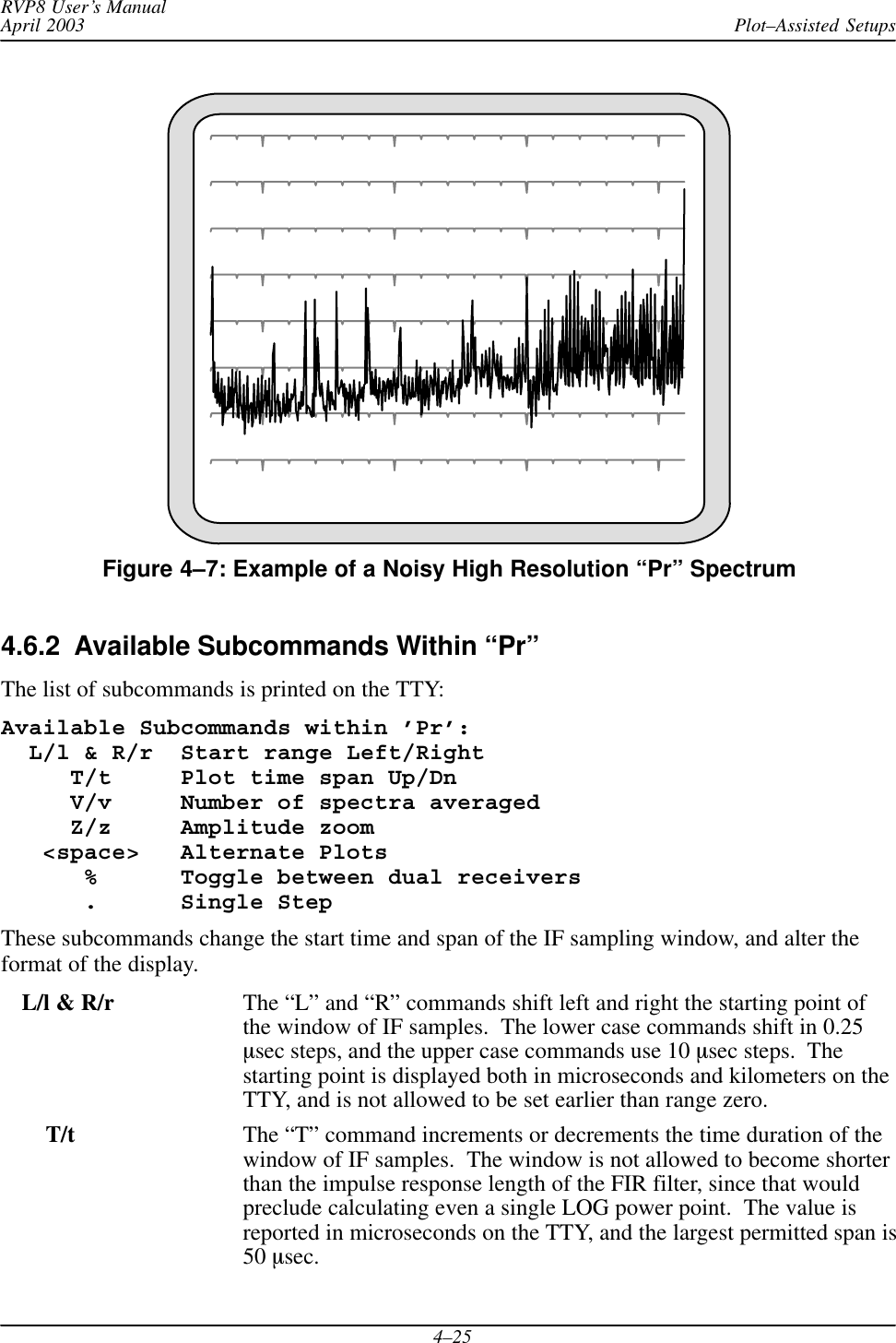 Plot–Assisted SetupsRVP8 User’s ManualApril 20034–25Figure 4–7: Example of a Noisy High Resolution “Pr” Spectrum4.6.2  Available Subcommands Within “Pr”The list of subcommands is printed on the TTY:Available Subcommands within ’Pr’:  L/l &amp; R/r  Start range Left/Right     T/t     Plot time span Up/Dn     V/v     Number of spectra averaged     Z/z     Amplitude zoom   &lt;space&gt;   Alternate Plots      %      Toggle between dual receivers      .      Single StepThese subcommands change the start time and span of the IF sampling window, and alter theformat of the display.L/l &amp; R/r The “L” and “R” commands shift left and right the starting point ofthe window of IF samples.  The lower case commands shift in 0.25msec steps, and the upper case commands use 10 msec steps.  Thestarting point is displayed both in microseconds and kilometers on theTTY, and is not allowed to be set earlier than range zero.    T/t The “T” command increments or decrements the time duration of thewindow of IF samples.  The window is not allowed to become shorterthan the impulse response length of the FIR filter, since that wouldpreclude calculating even a single LOG power point.  The value isreported in microseconds on the TTY, and the largest permitted span is50 msec.